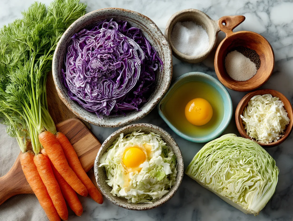 Ingredients for homemade coleslaw including cabbage, carrots, onion, and mayonnaise