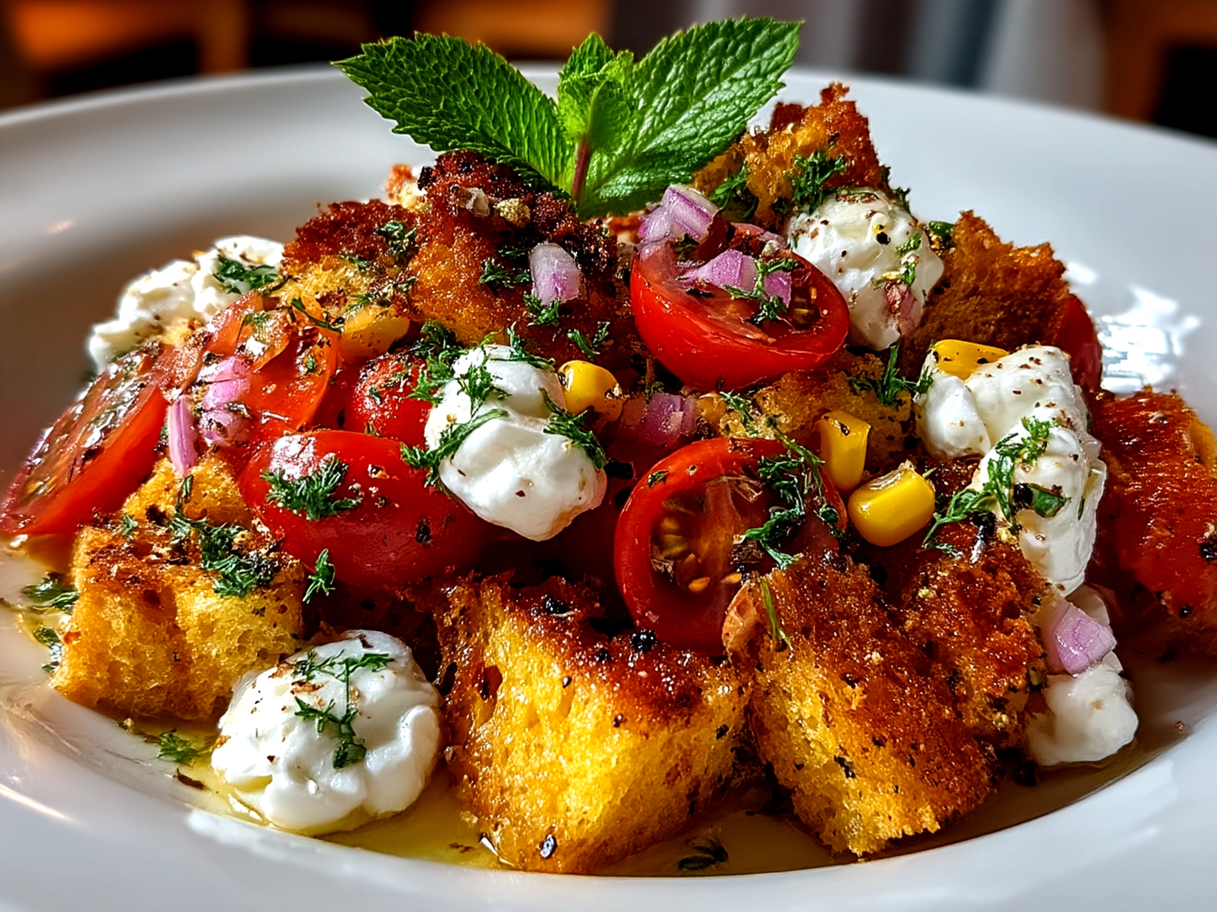 Served Corn Burrata Panzanella with fresh basil and burrata cheese
