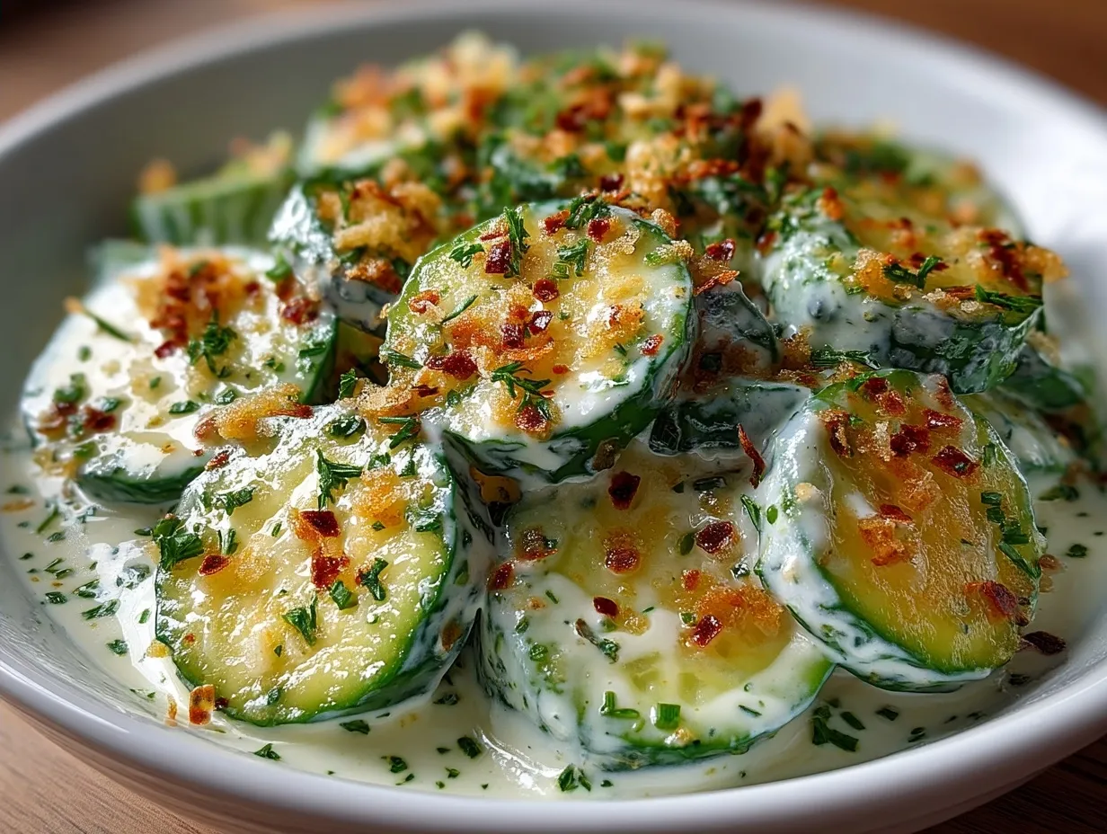 Creamy Italian Cucumber Salad served in a rustic bowl, garnished with fresh herbs and Parmesan