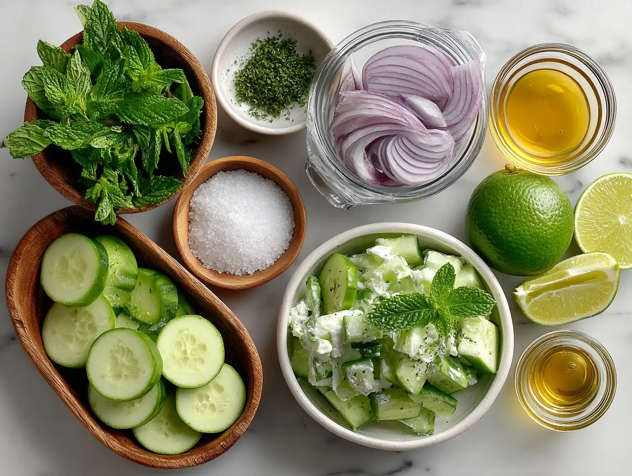 Ingredients for Creamy Italian Cucumber Salad laid out including cucumbers, mayonnaise, Parmesan cheese