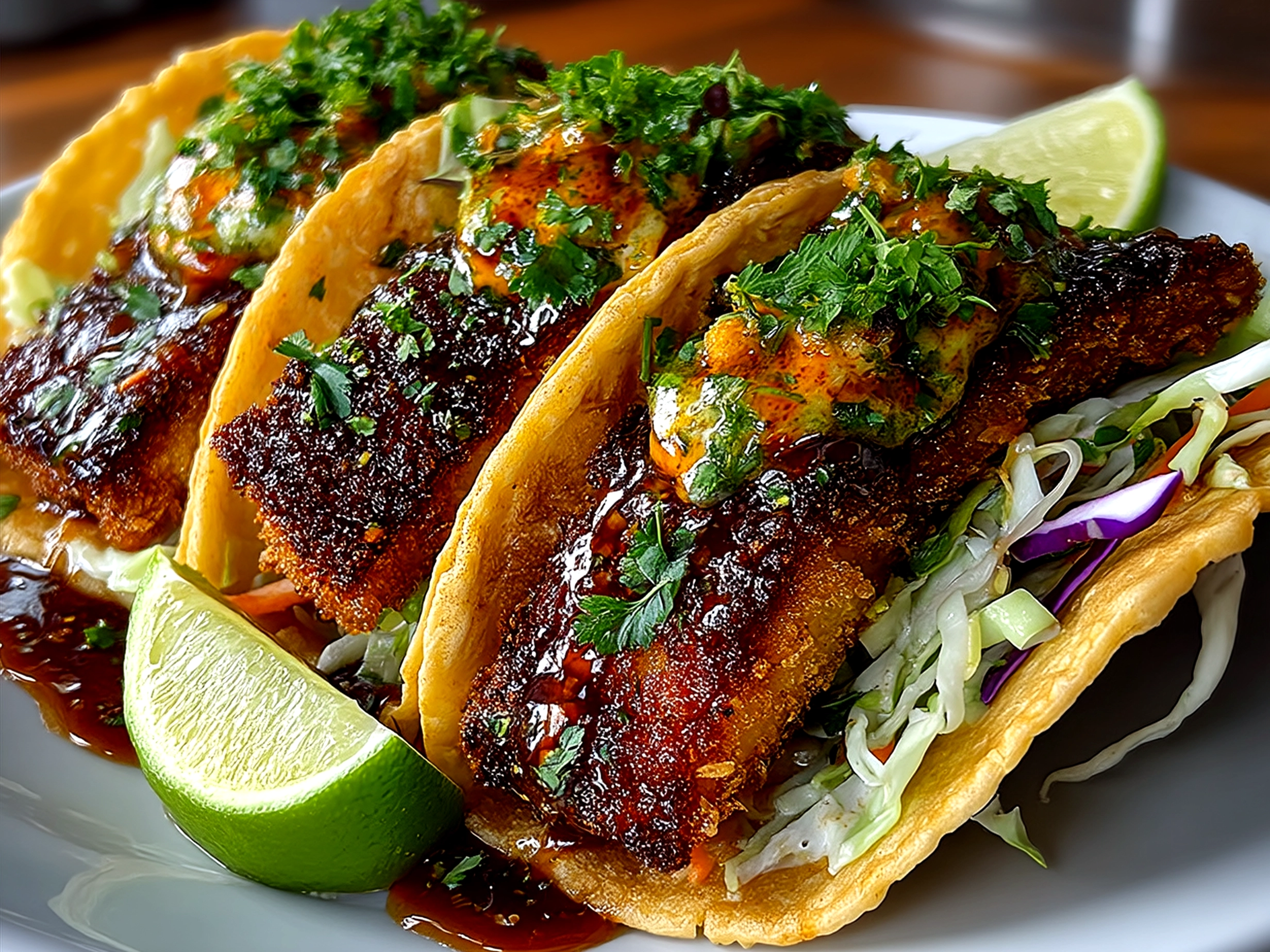 A plate of crispy Baja fish tacos garnished with lime wedges and fresh cilantro