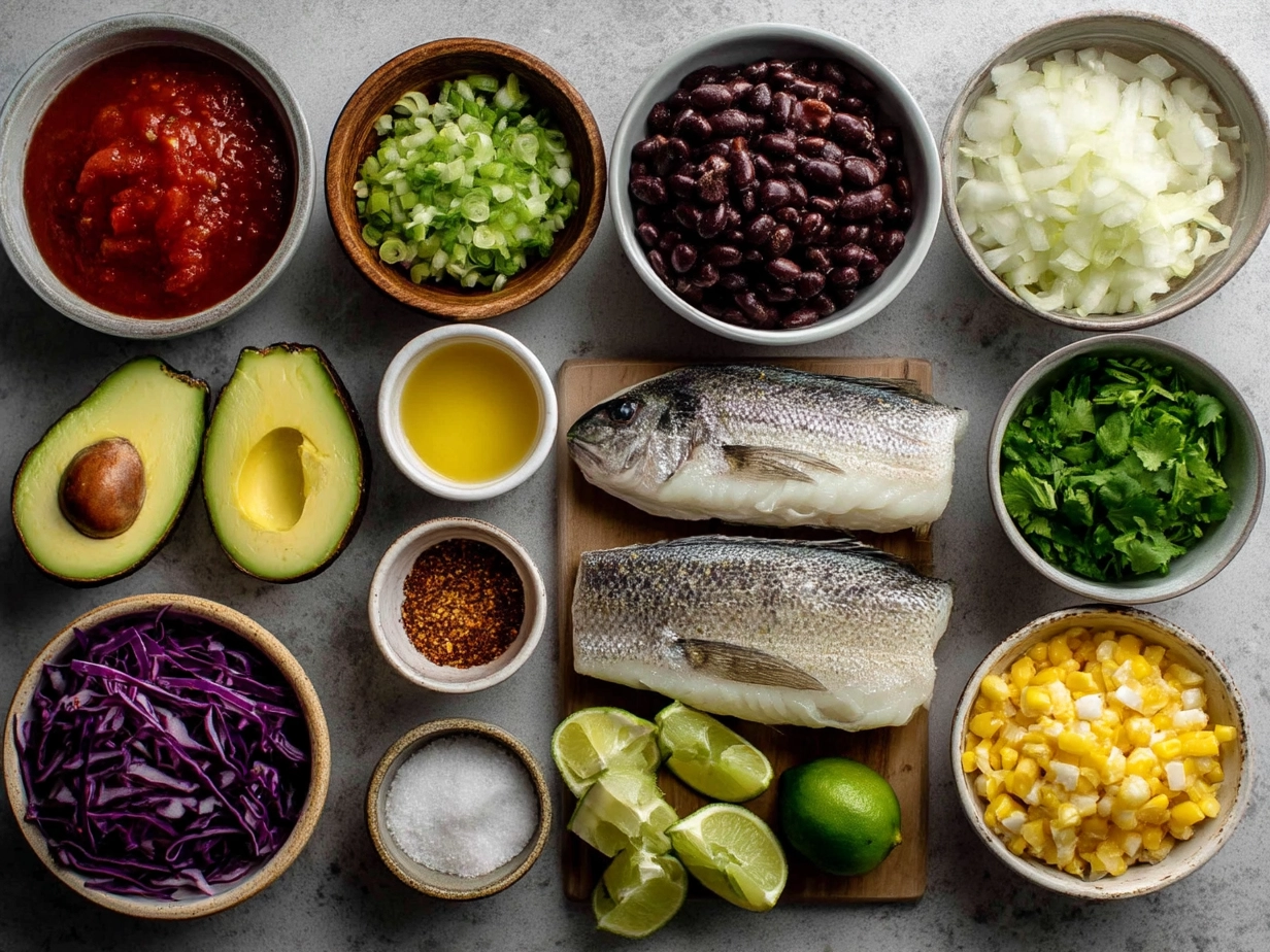 Ingredients for Crispy Baja Fish Tacos laid out on a wooden surface