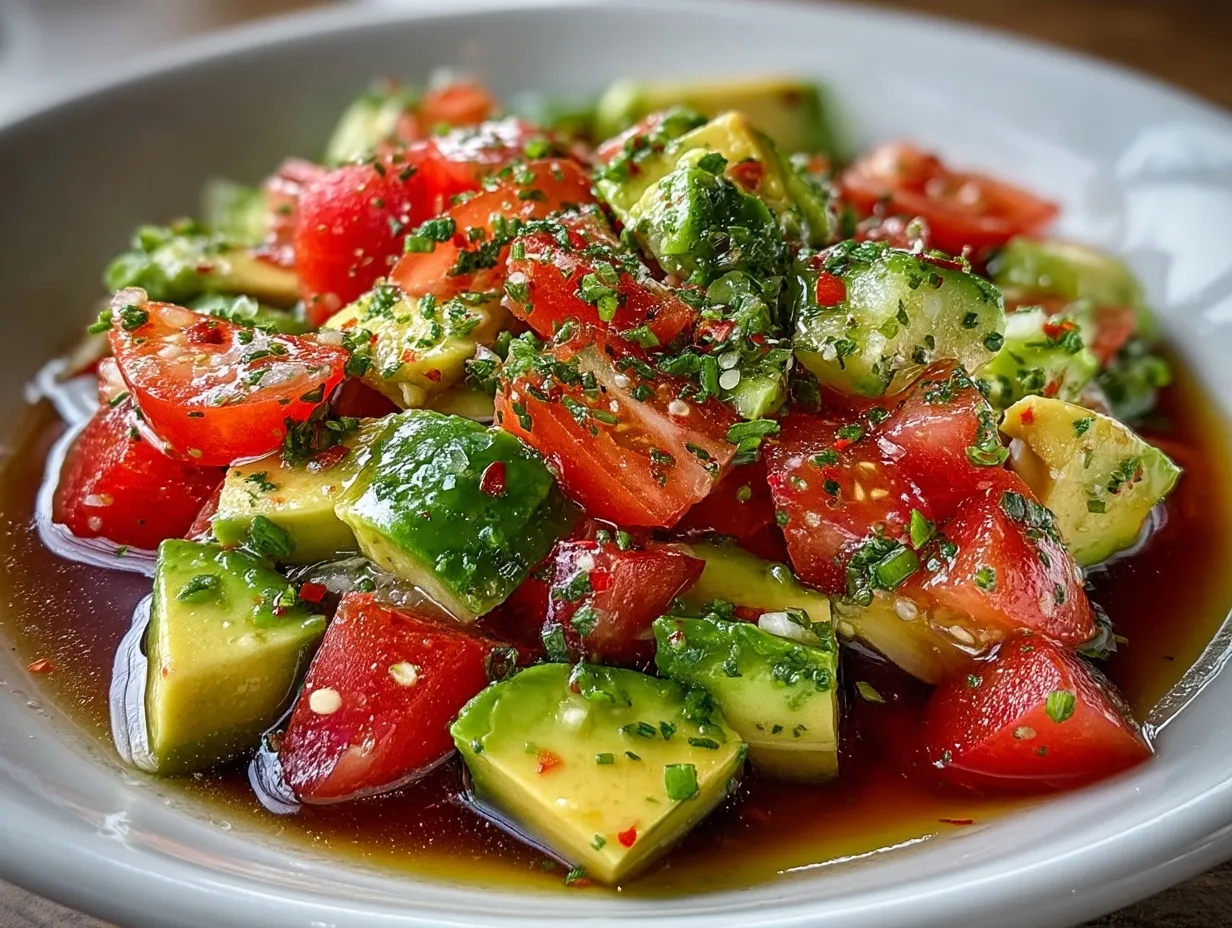 Serving suggestion of cucumber tomato avocado salad in a rustic wooden bowl garnished with fresh herbs