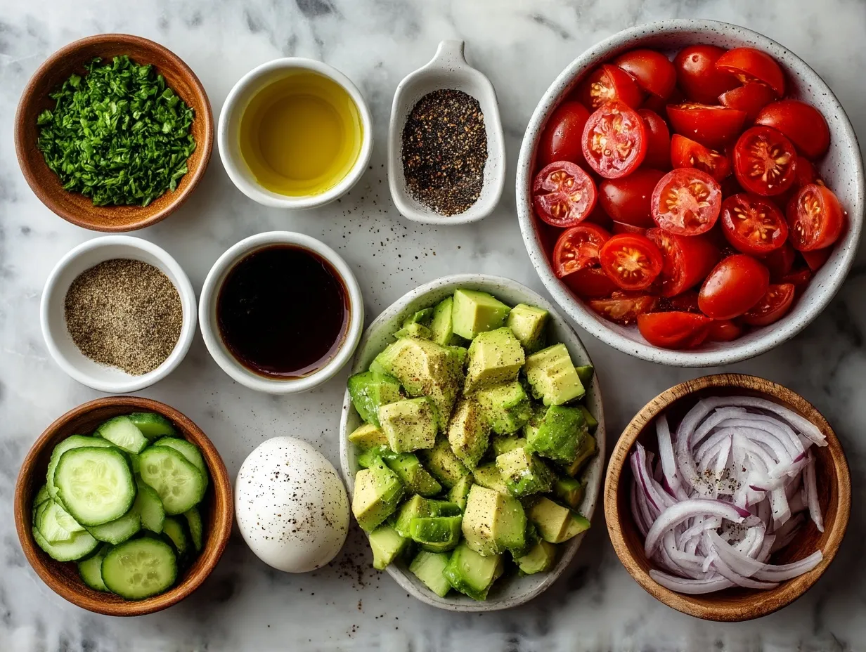 Fresh ingredients for cucumber tomato avocado salad including cucumbers, tomatoes, avocado, herbs, and olive oil