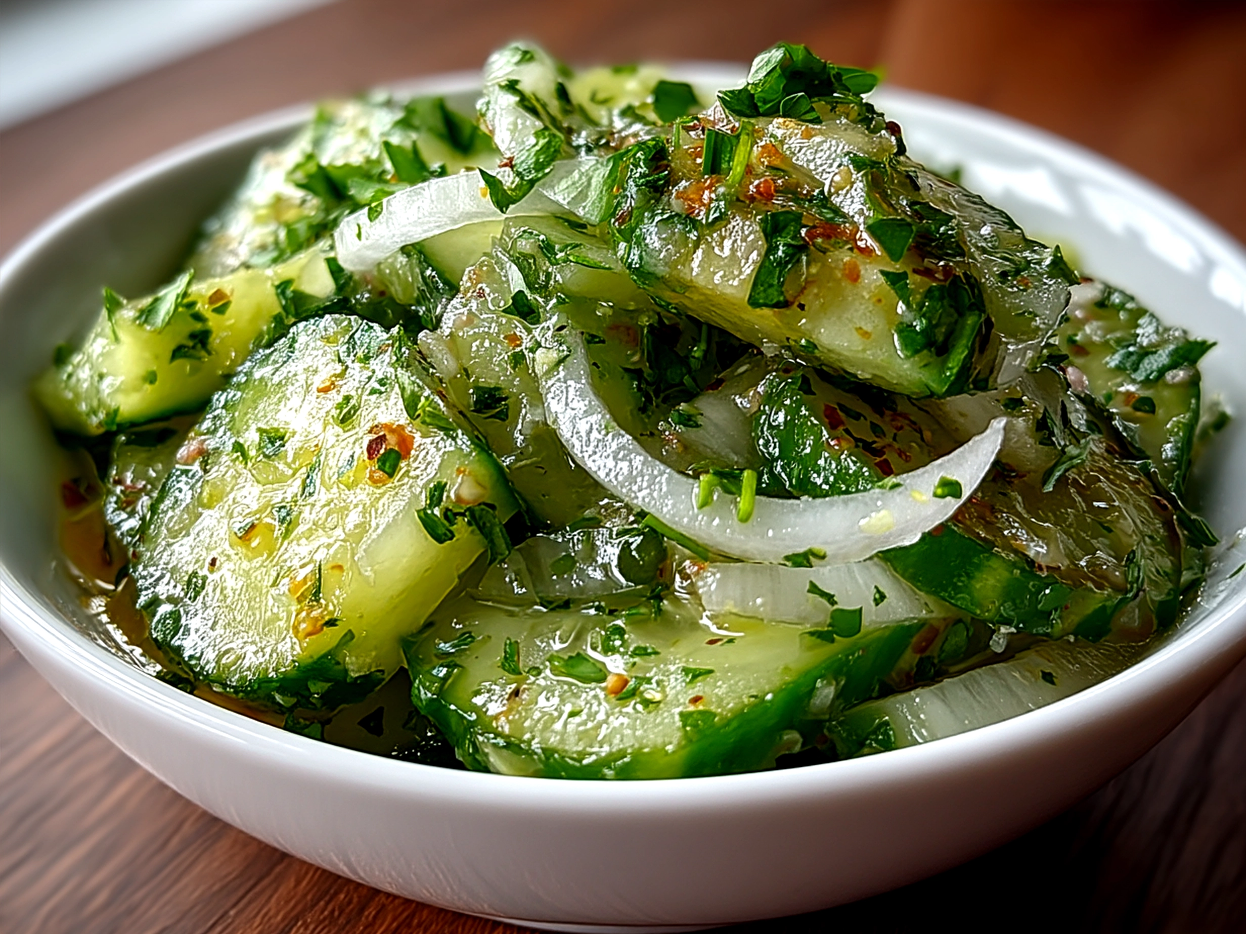 Finished cucumber onion salad vinegar served in a glass bowl and garnished with dill