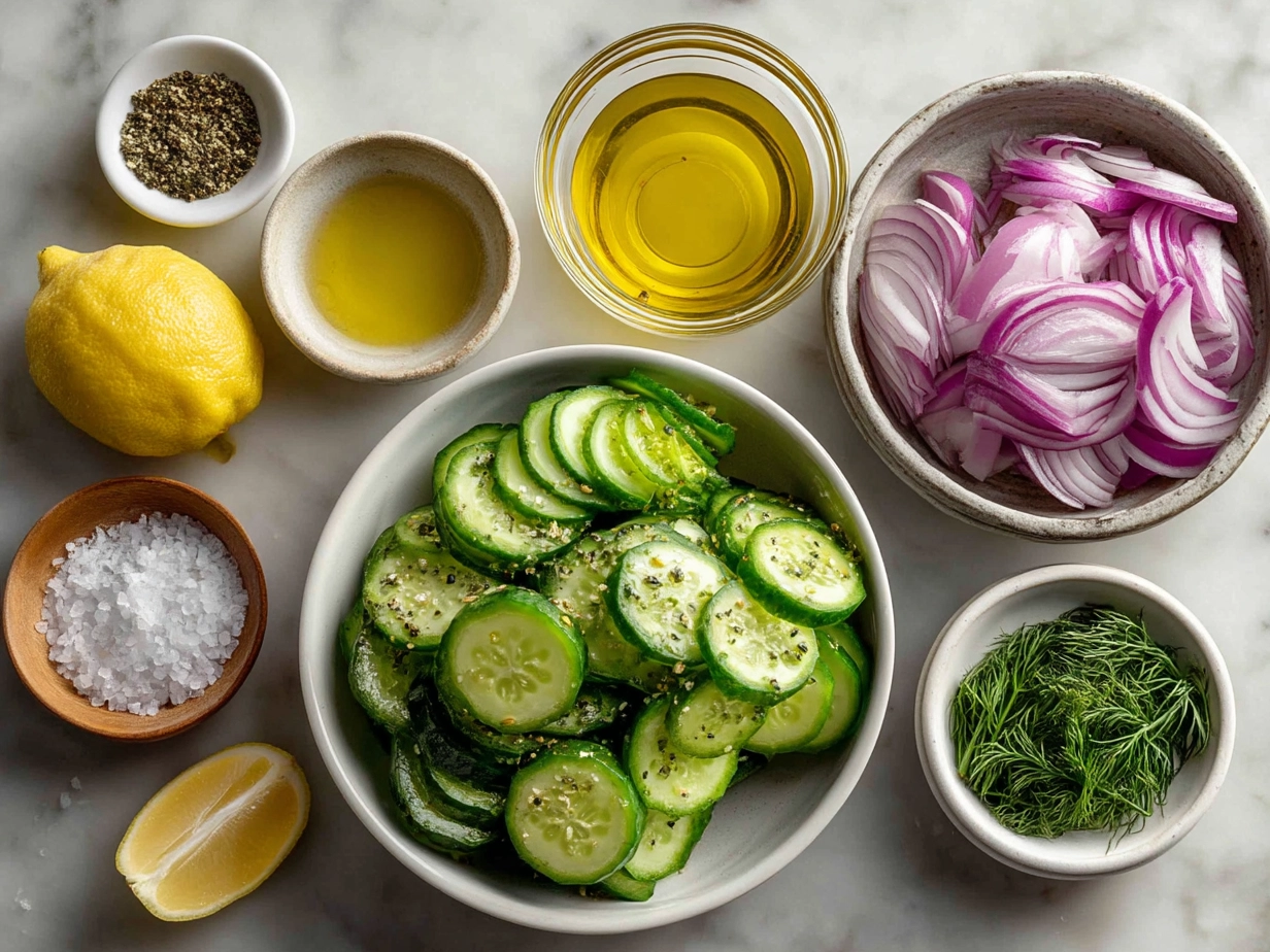 Ingredients laid out for cucumber onion salad with vinegar dressing
