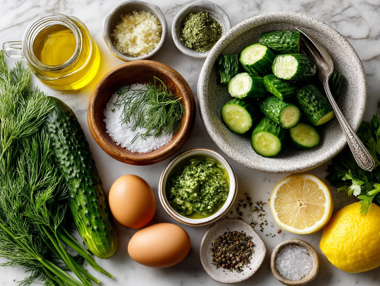 Ingredients for Dill Cucumber Salad arranged on a table
