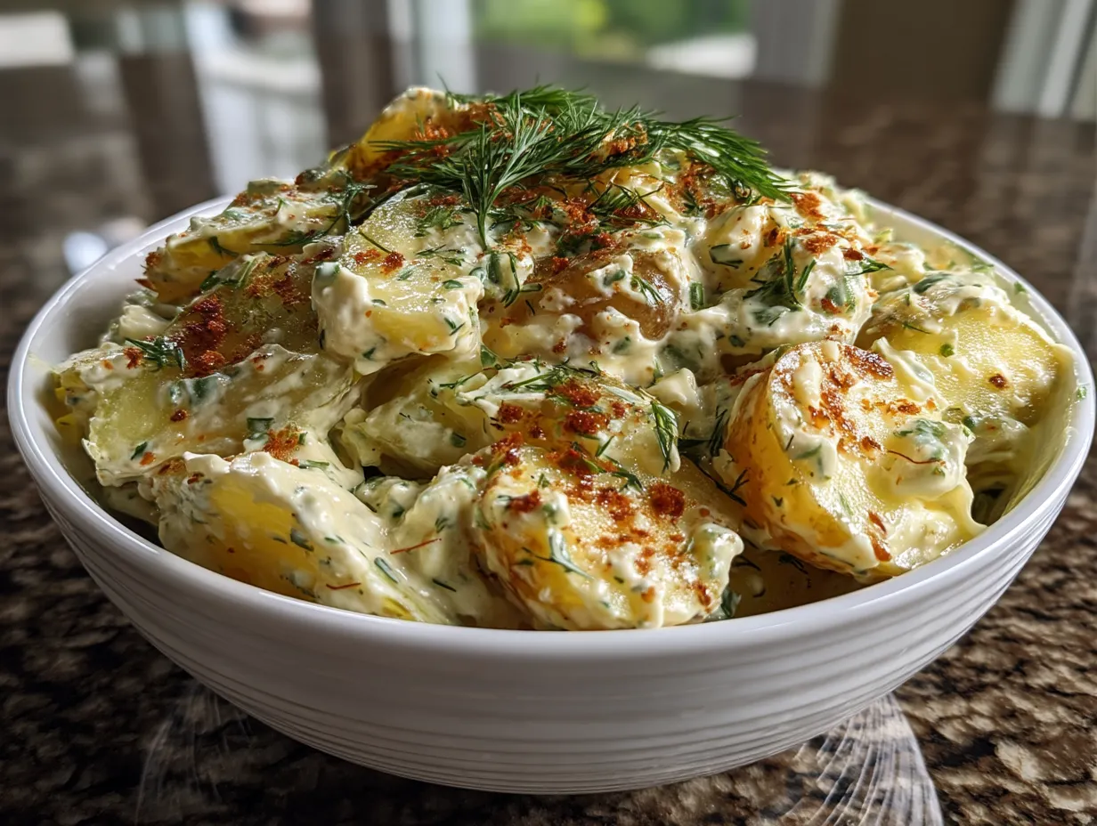 Serving creamy dill pickle potato salad garnished with fresh dill and pickles