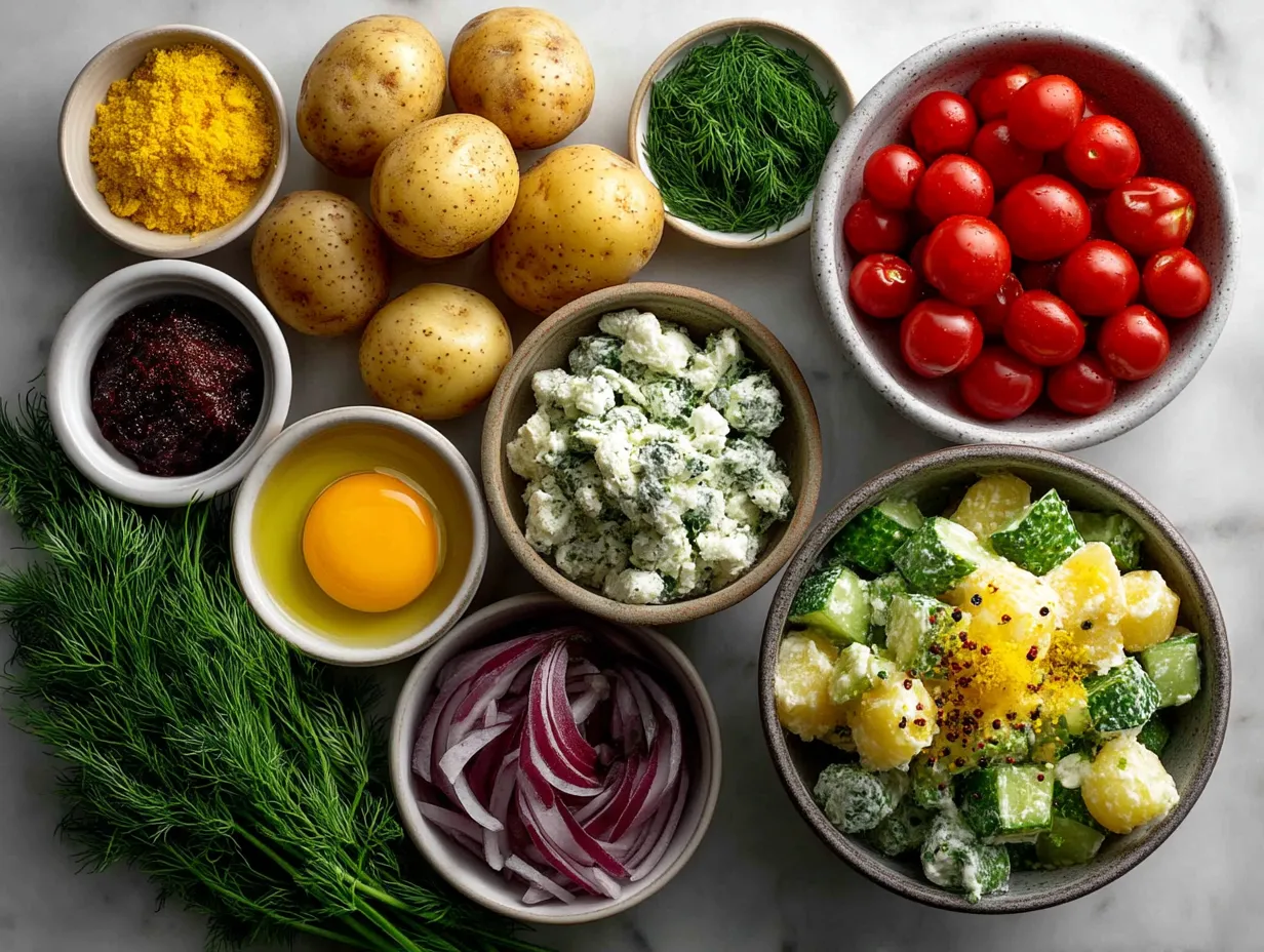 Ingredients for creamy dill pickle potato salad