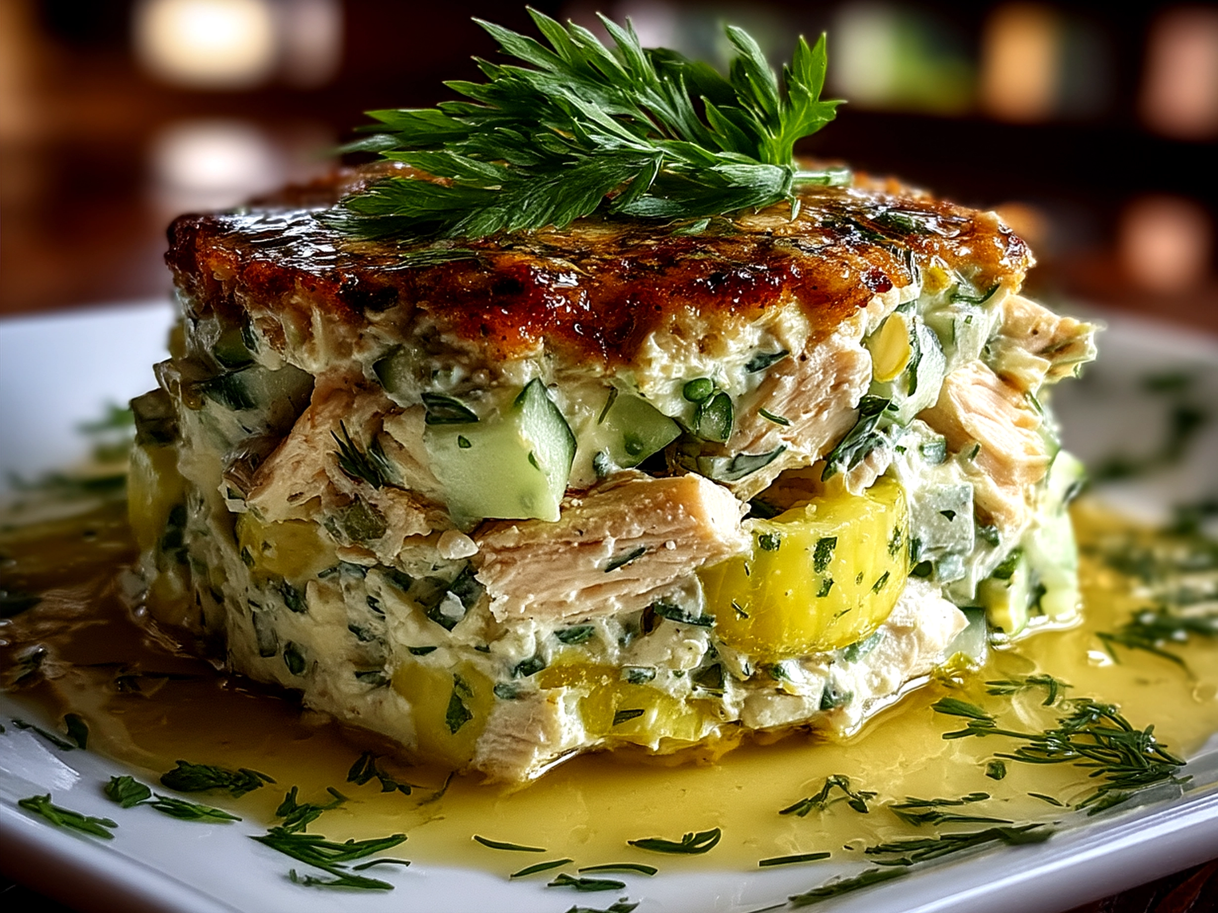 Dill pickle chicken salad served on a croissant sandwich with fresh sides
