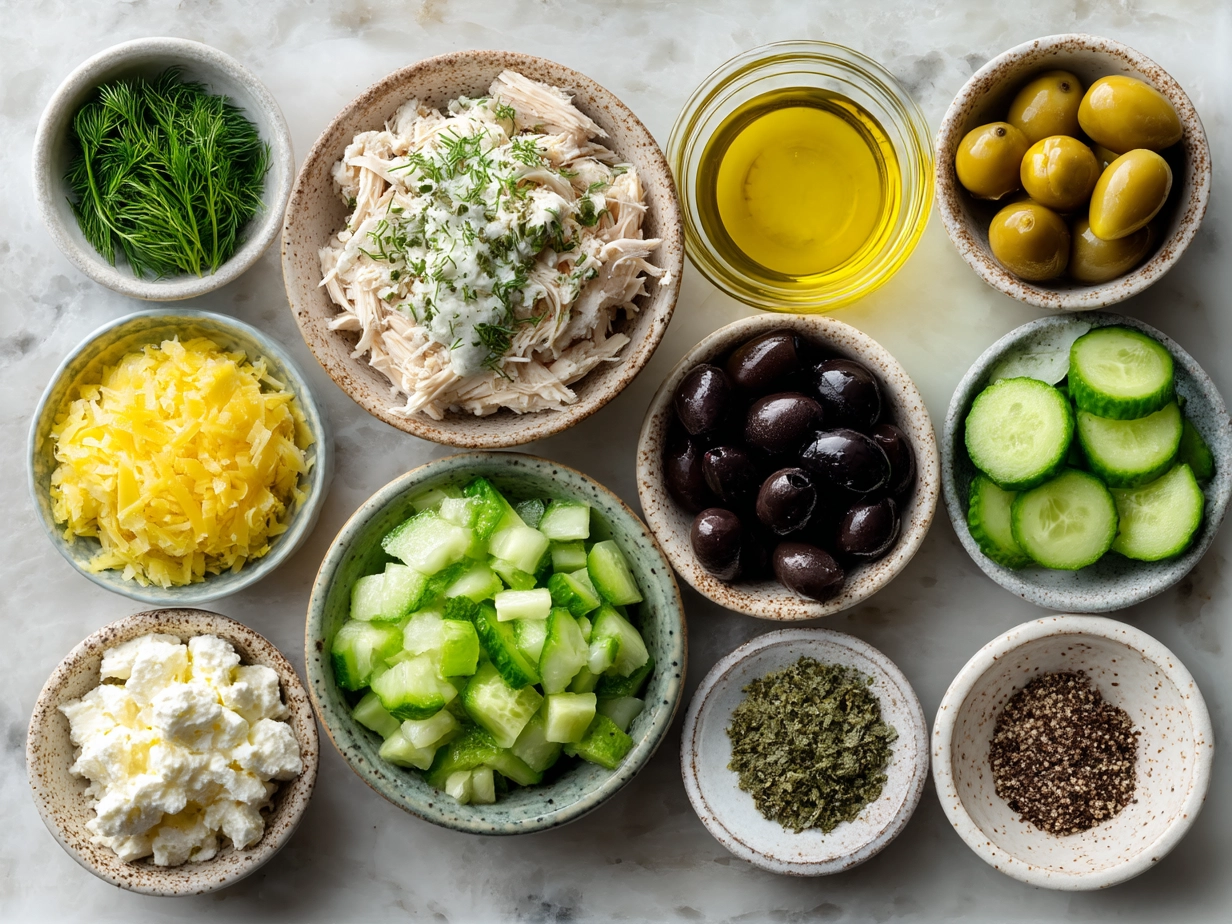 Ingredients laid out for dill pickle chicken salad including chicken, pickles, mayo, and fresh dill