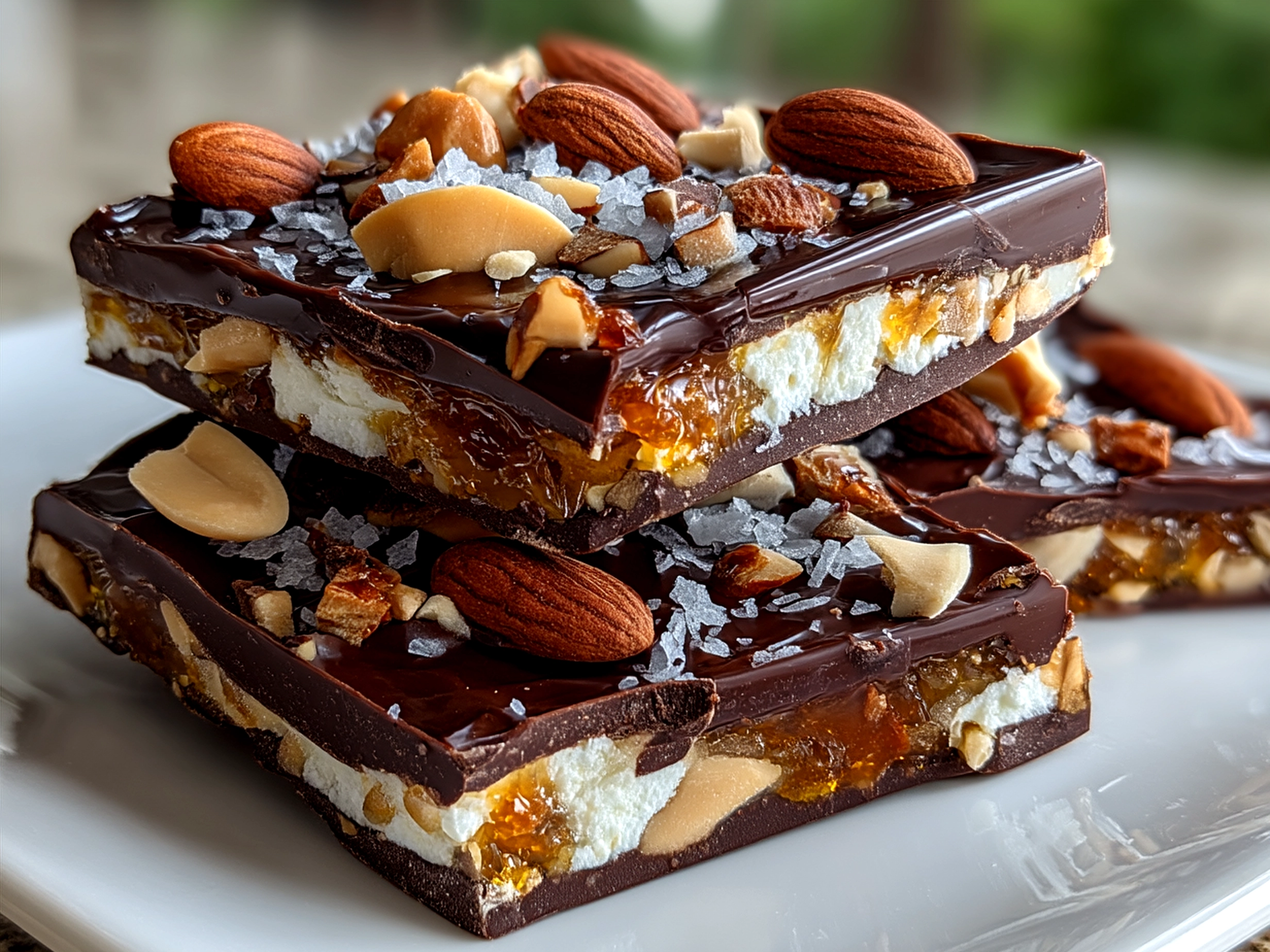 Decorative platter filled with shards of Dubai Chocolate Bark