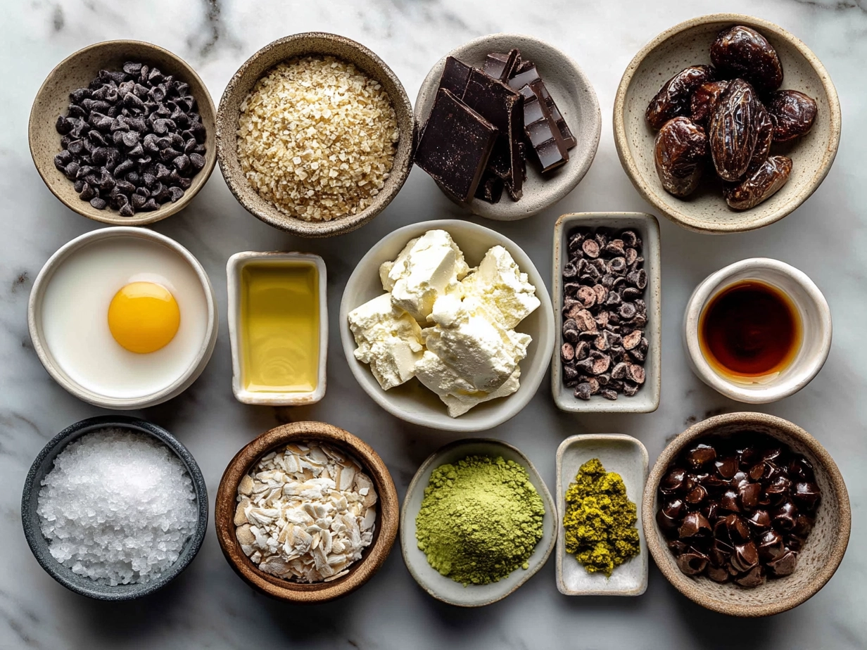 Ingredients laid out for Dubai Chocolate Bark including pistachios, dates, rose petals, and chocolate