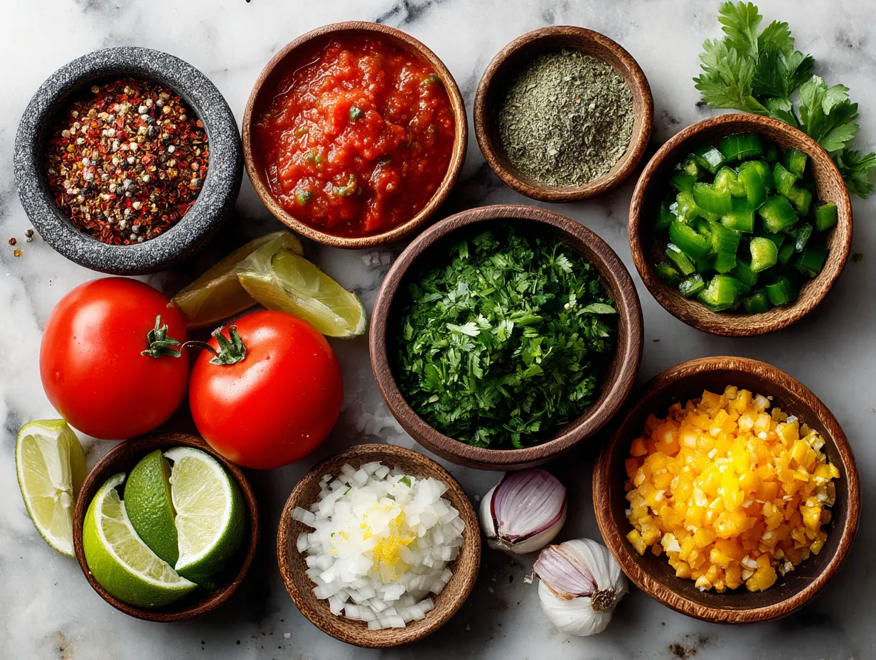 Fresh homemade salsa ingredients arranged on a wooden board including tomatoes, onions, jalapeños, cilantro, and lime