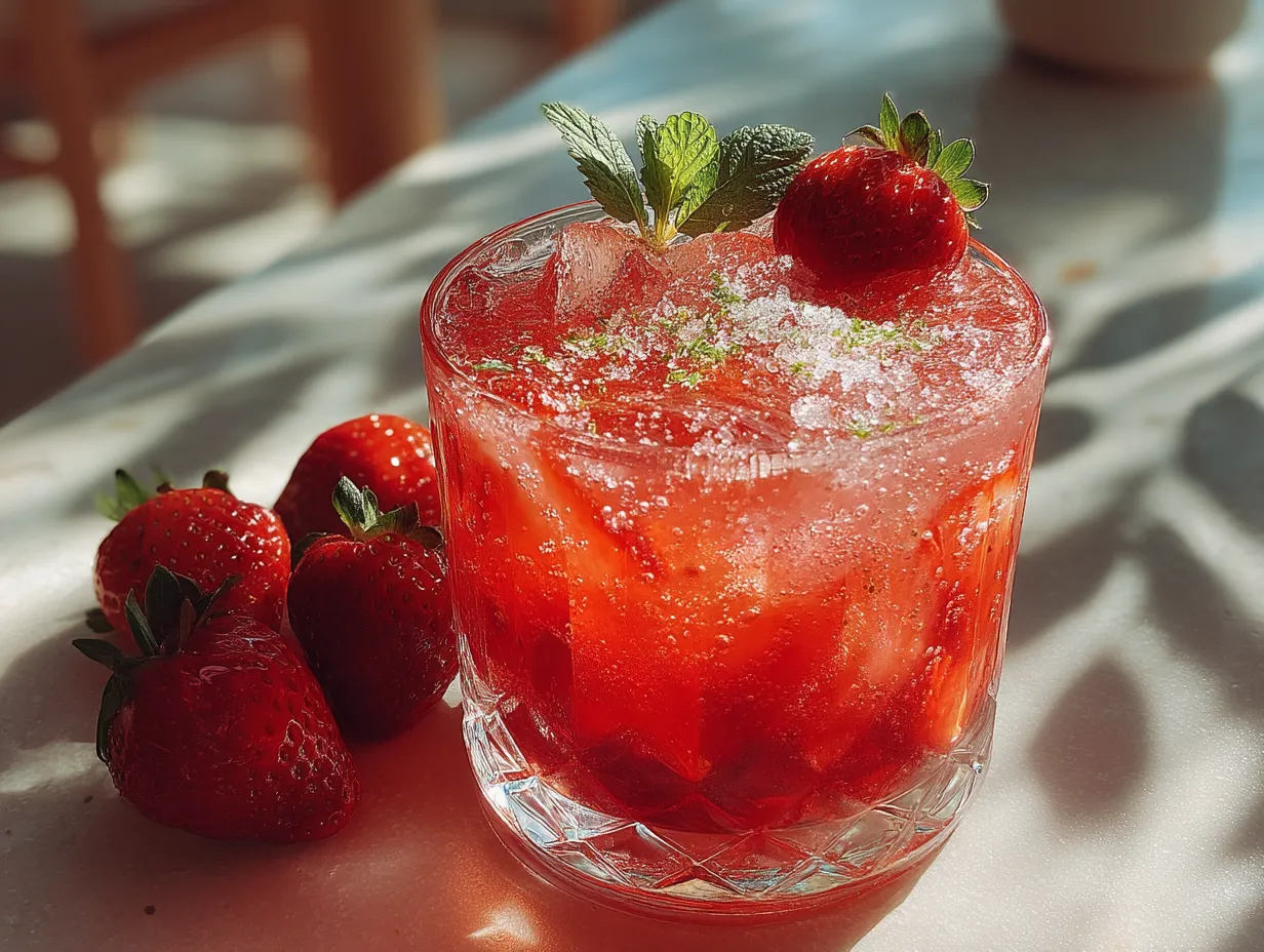 Glass of fresh strawberry lemonade garnished with lemon slices and mint