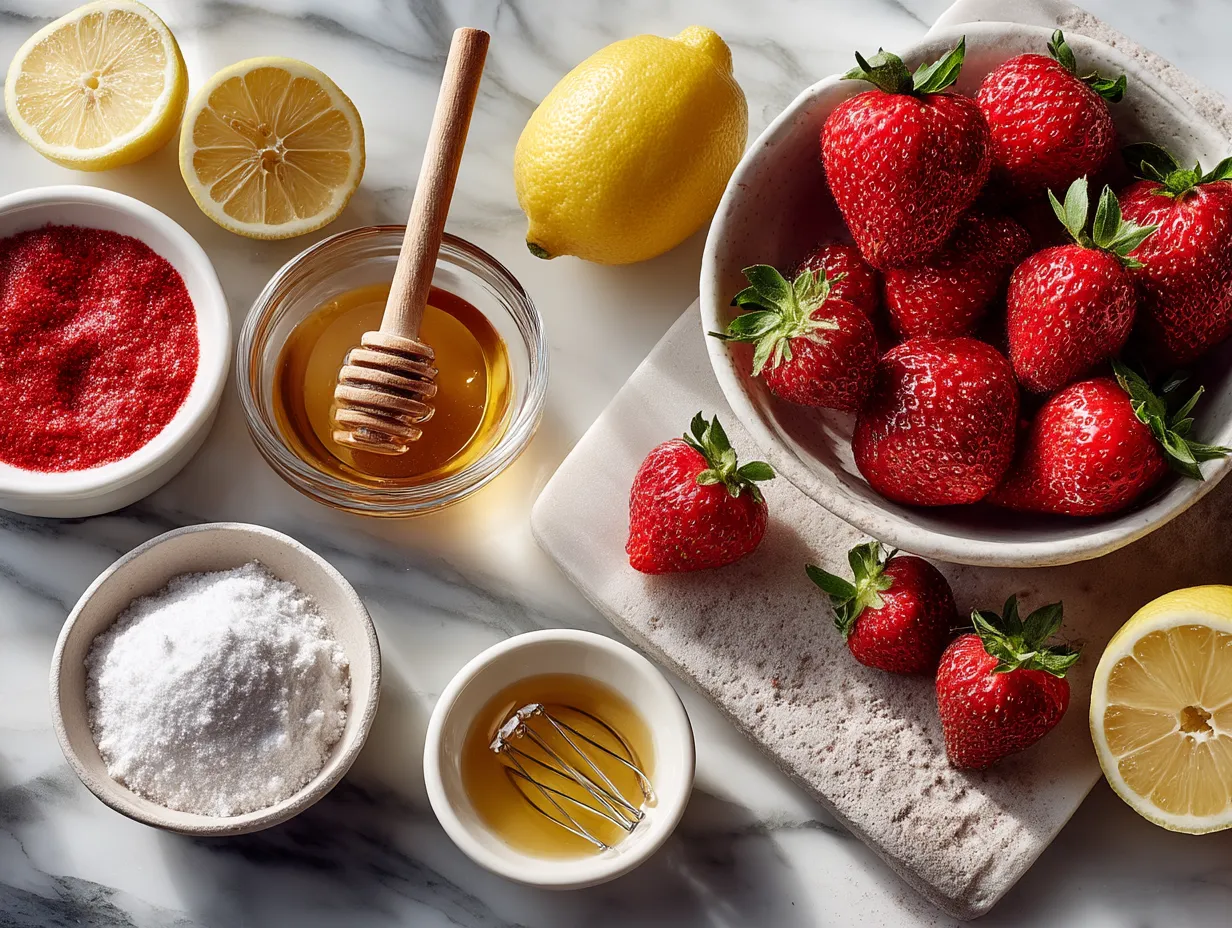 Ingredients for fresh strawberry lemonade including strawberries, lemons, sugar, and water