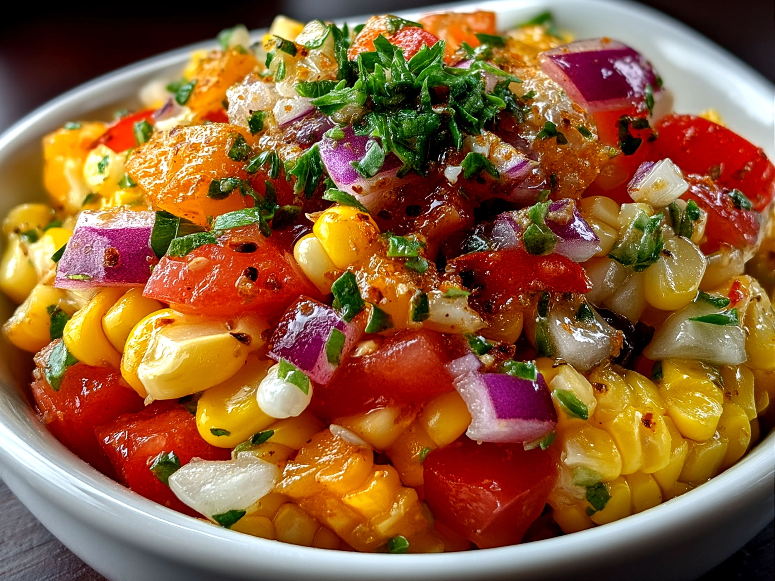 Fresh corn salsa served in a colorful bowl, ready with tortilla chips and garnishes