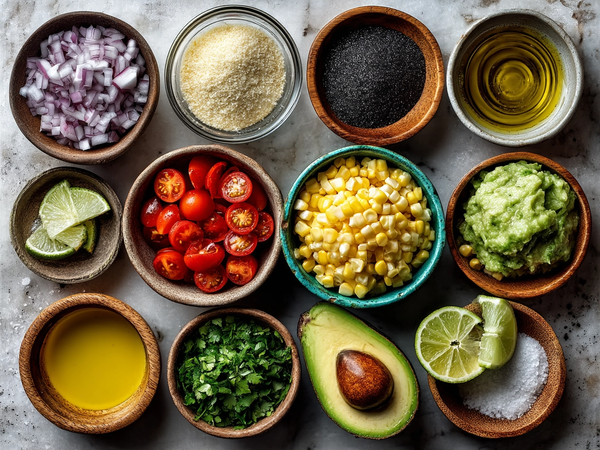Ingredients laid out for fresh corn salsa including fresh corn, tomatoes, onion, jalapeño, cilantro, lime, and seasonings