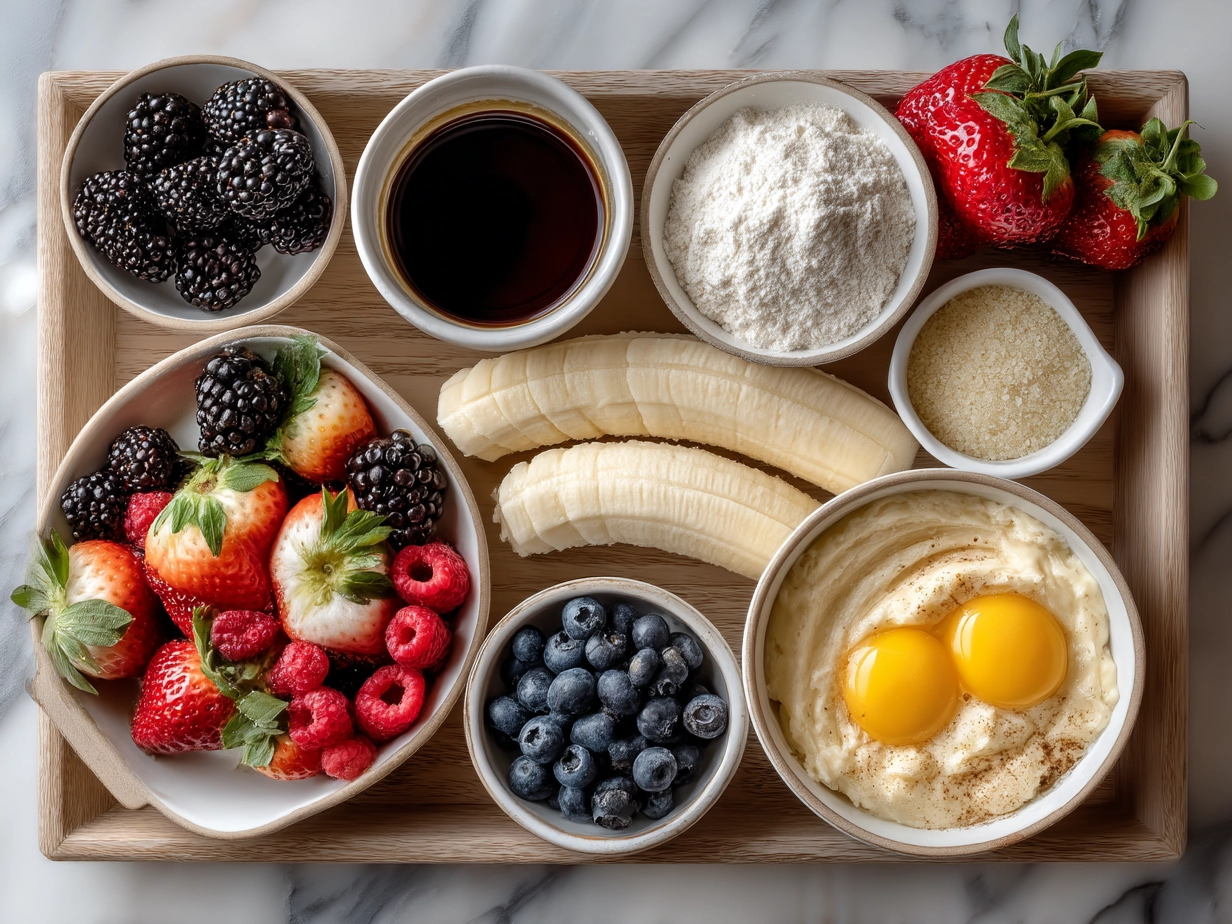 Ingredients for Fresh Fruit Tart including flour, sugar, butter, eggs, and fresh fruits