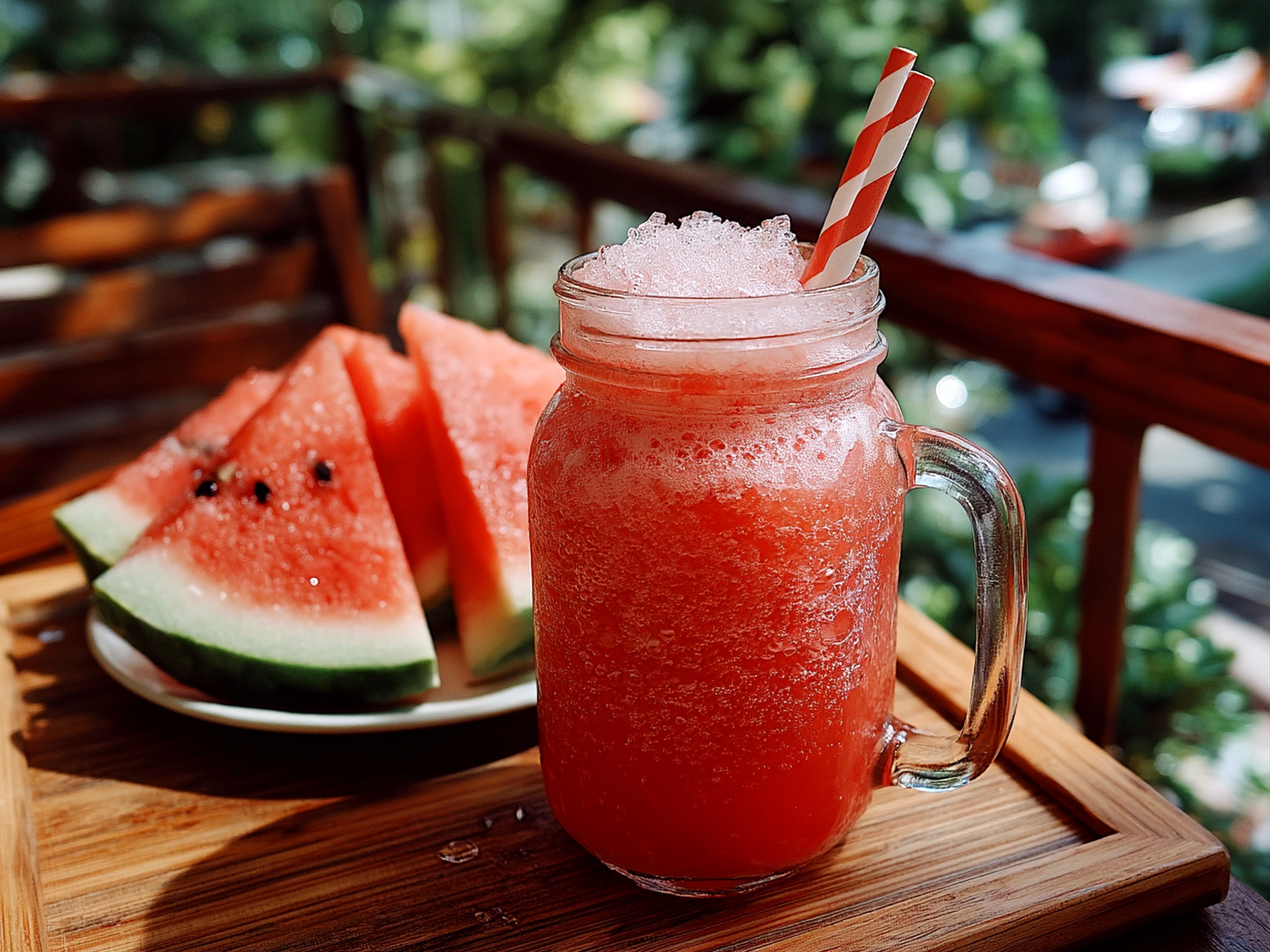 Serving a glass of Frozen Watermelon Lemonade garnished with mint and lemon slice
