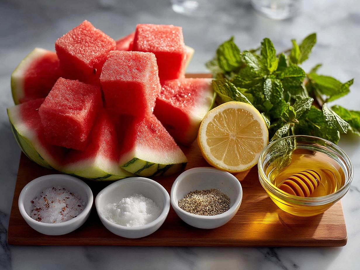Ingredients for Frozen Watermelon Lemonade: watermelon cubes, lemons, sugar, ice, water, mint
