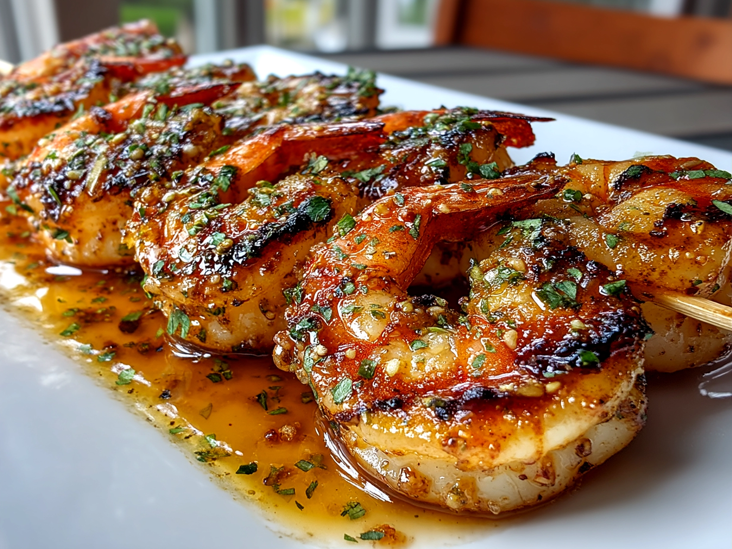 Garlic Grilled Shrimp Skewers plated and garnished with lemon wedges and parsley