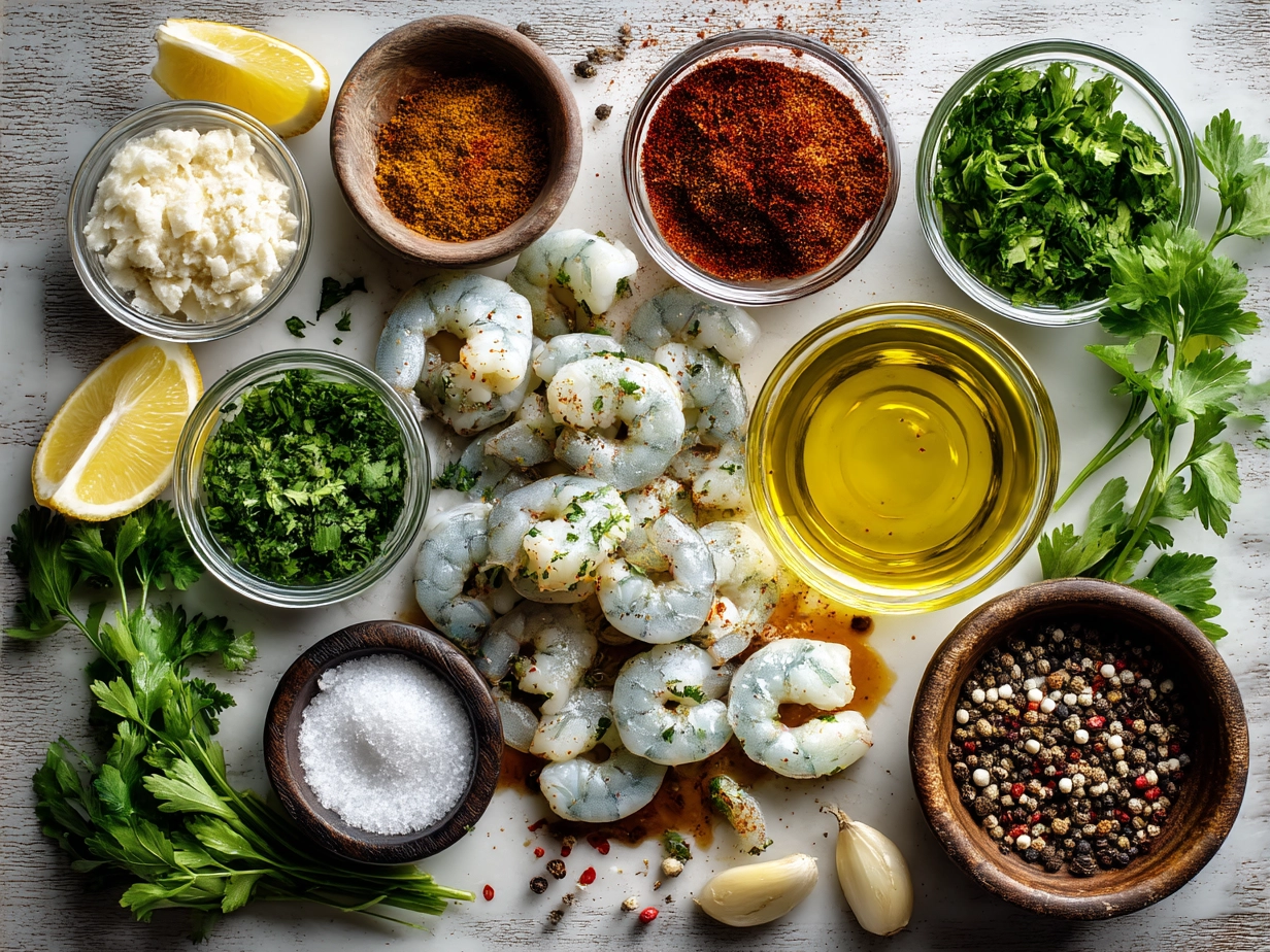 Ingredients laid out for Garlic Grilled Shrimp Skewers
