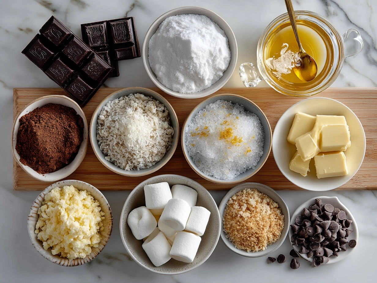 Ingredients for Graduation Candy Bark showing chocolates, nuts, and colorful candy toppings