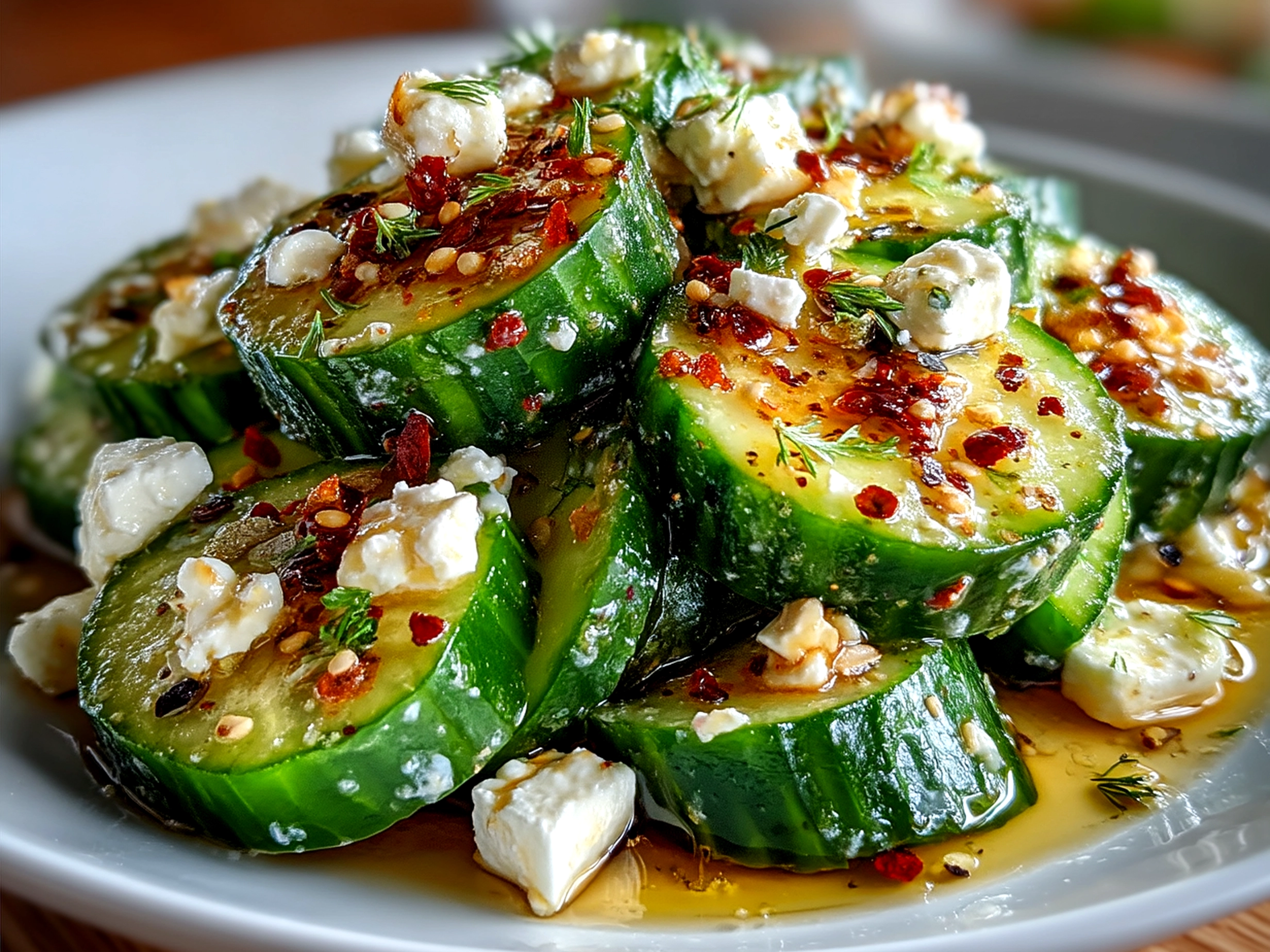 Served Greek Cucumber Salad in a wide bowl garnished with fresh herbs