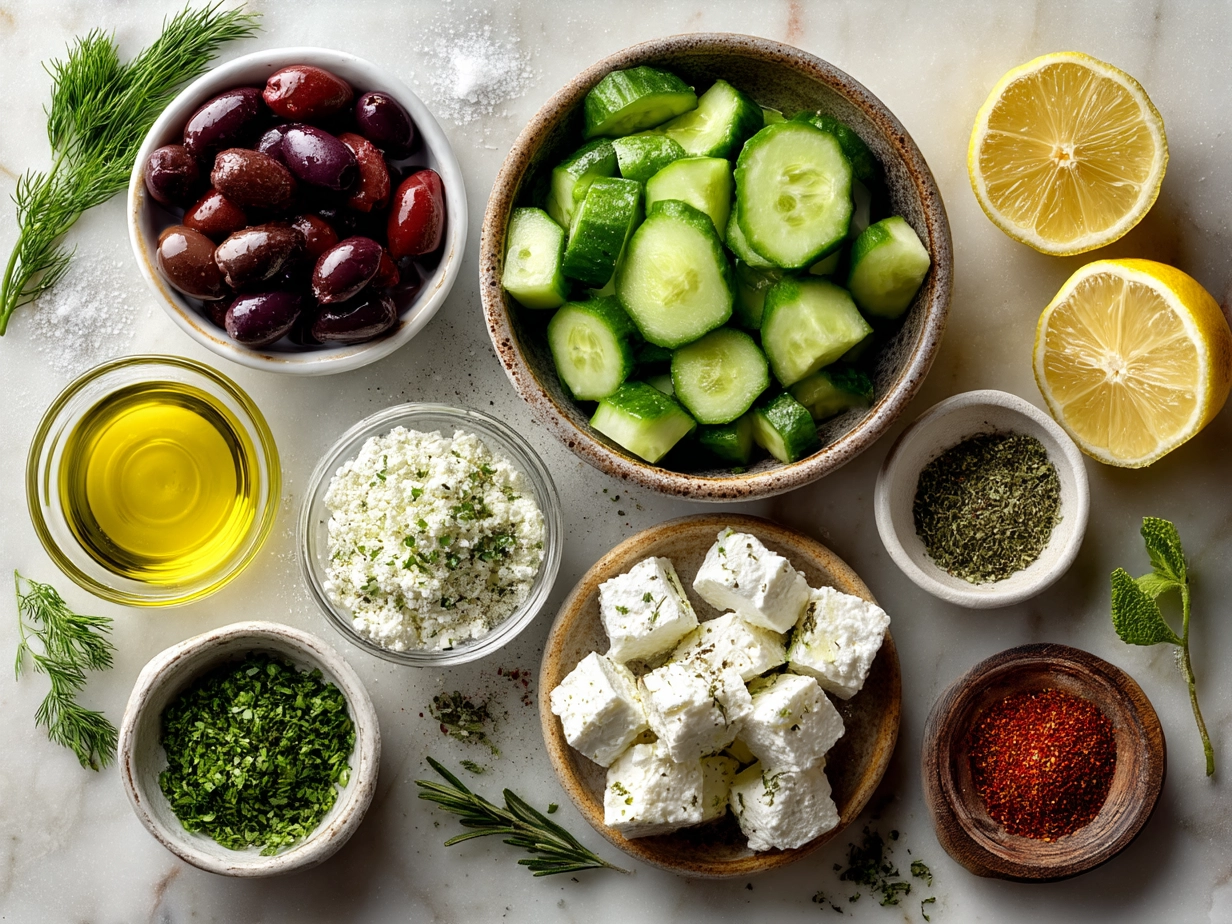 Ingredients for Greek Cucumber Salad laid out on a surface including cucumbers, feta cheese, tomatoes, olives, herbs, and olive oil