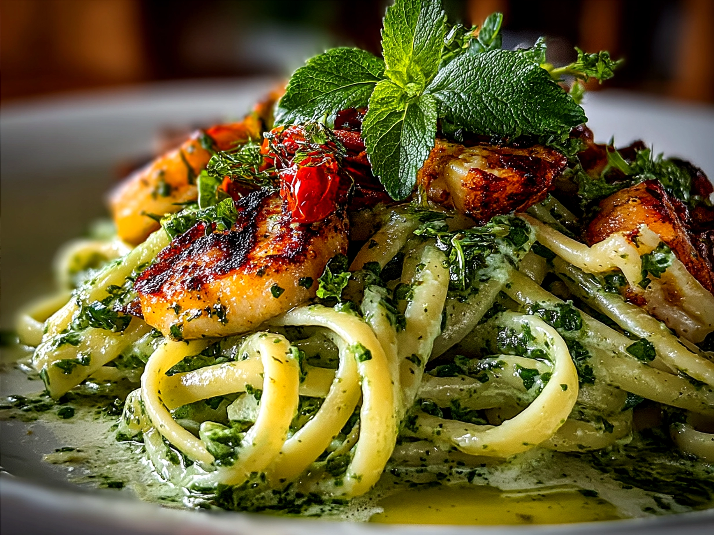 A serving of Green Goddess Pasta garnished with nuts and fresh herbs