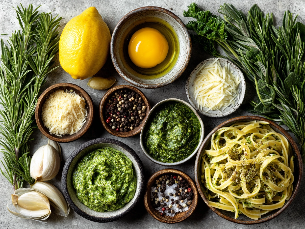 Ingredients for Green Goddess Pasta laid out on a surface
