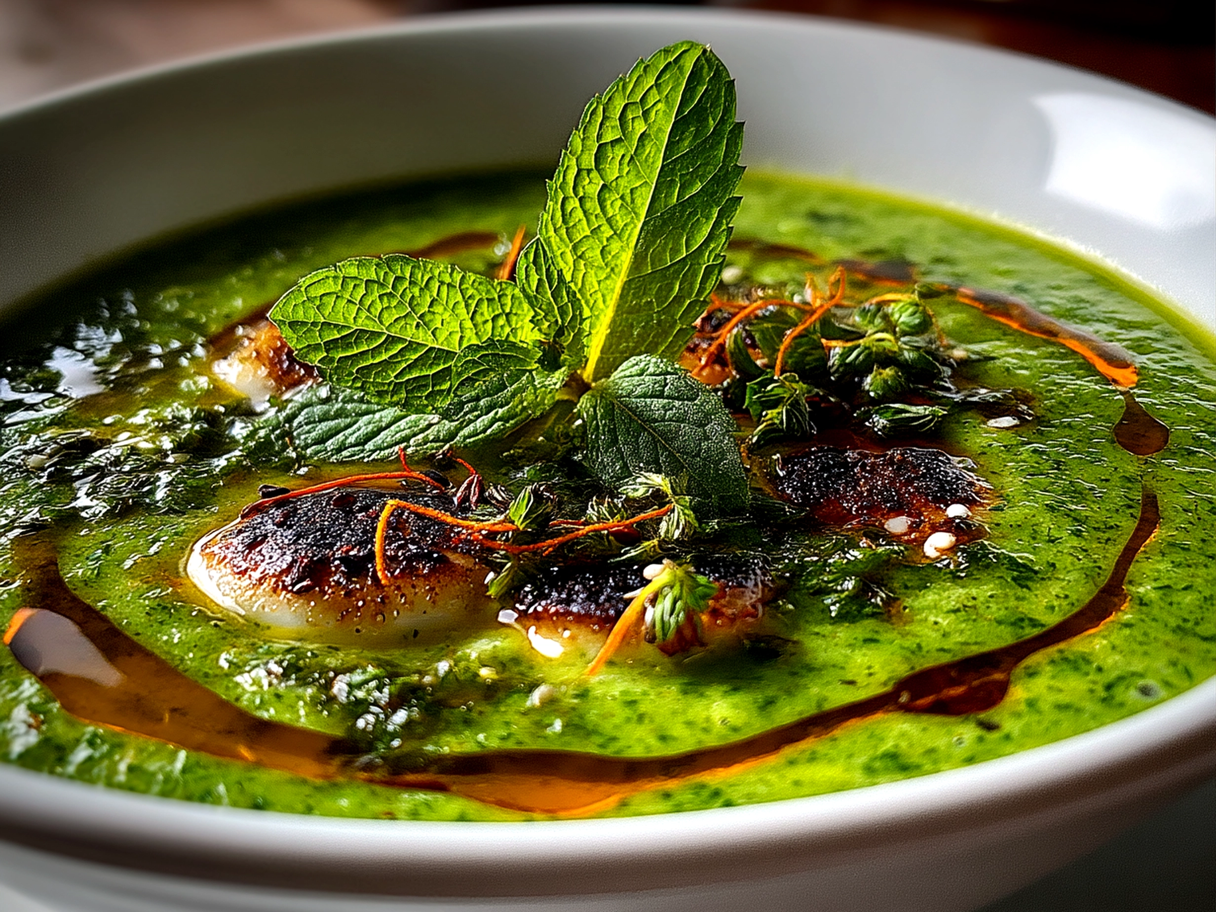 A bowl of vibrant green herb gazpacho garnished with herbs and olive oil drizzle