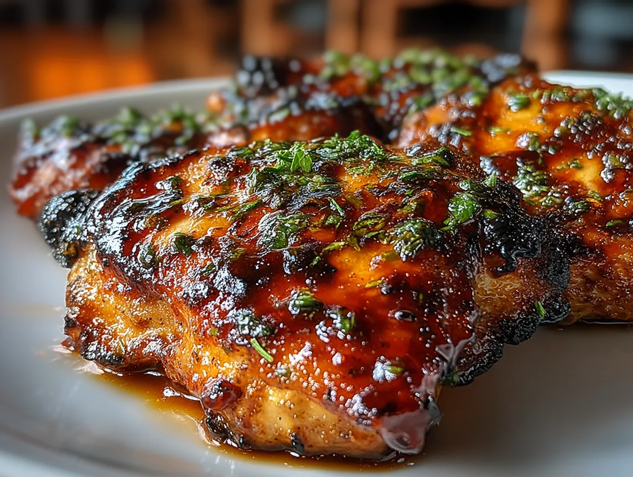 Serving platter of grilled BBQ chicken thighs glazed with barbecue sauce