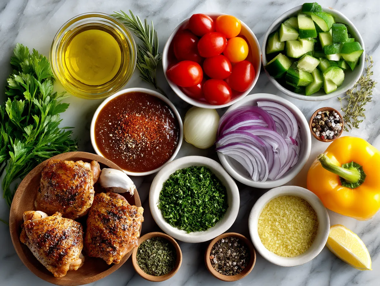 Ingredients laid out for grilled BBQ chicken thighs