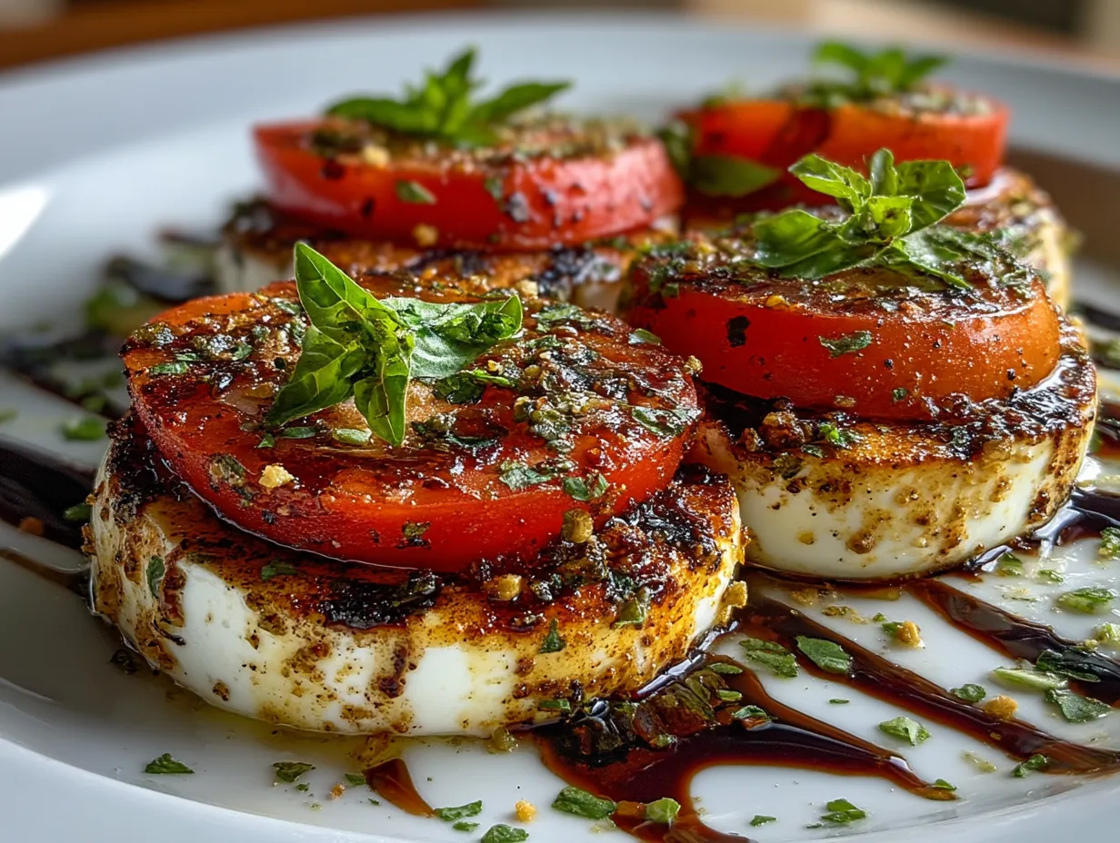 Beautifully presented grilled Caprese salad served on a rustic platter