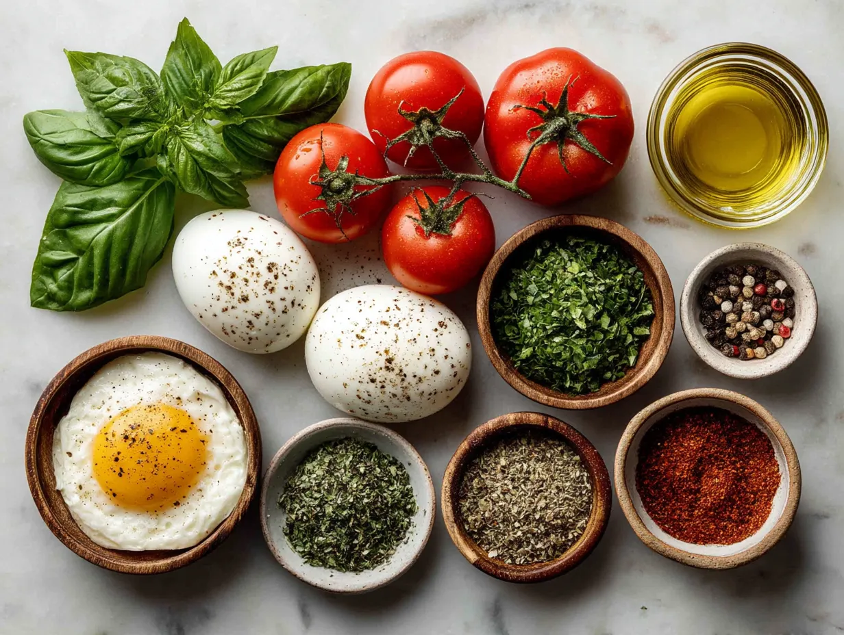 Ingredients arranged for grilled Caprese salad including tomatoes, mozzarella, basil, and olive oil