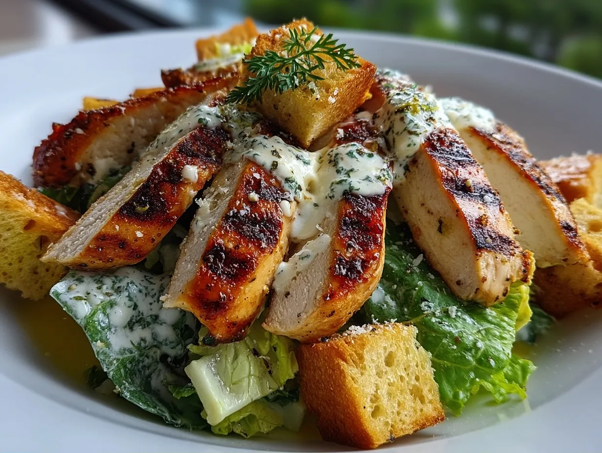 Serving grilled chicken caesar salad beautifully arranged in a bowl with Parmesan shavings