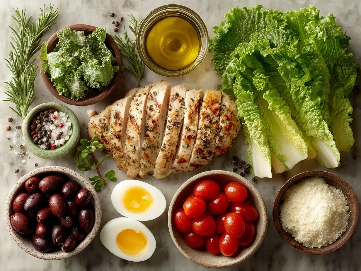 Ingredients for grilled chicken caesar salad laid out on a table