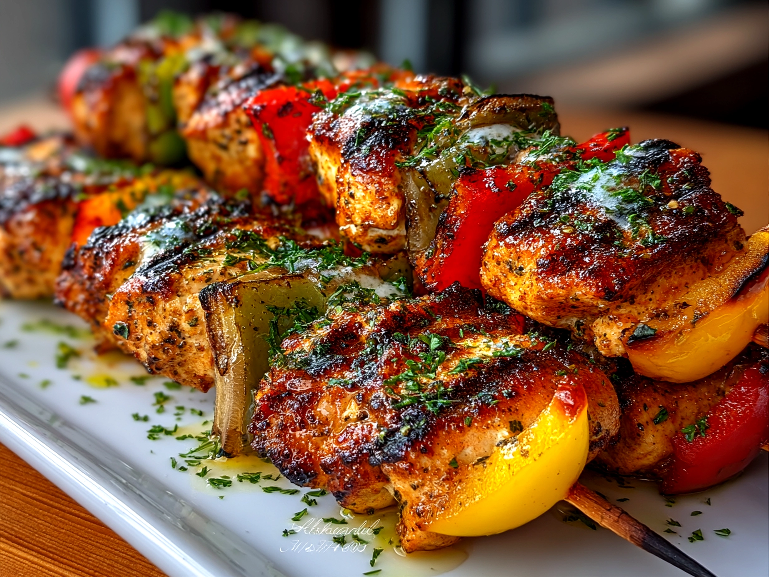 Beautifully grilled chicken kabobs with colorful peppers and onions, served on a platter.