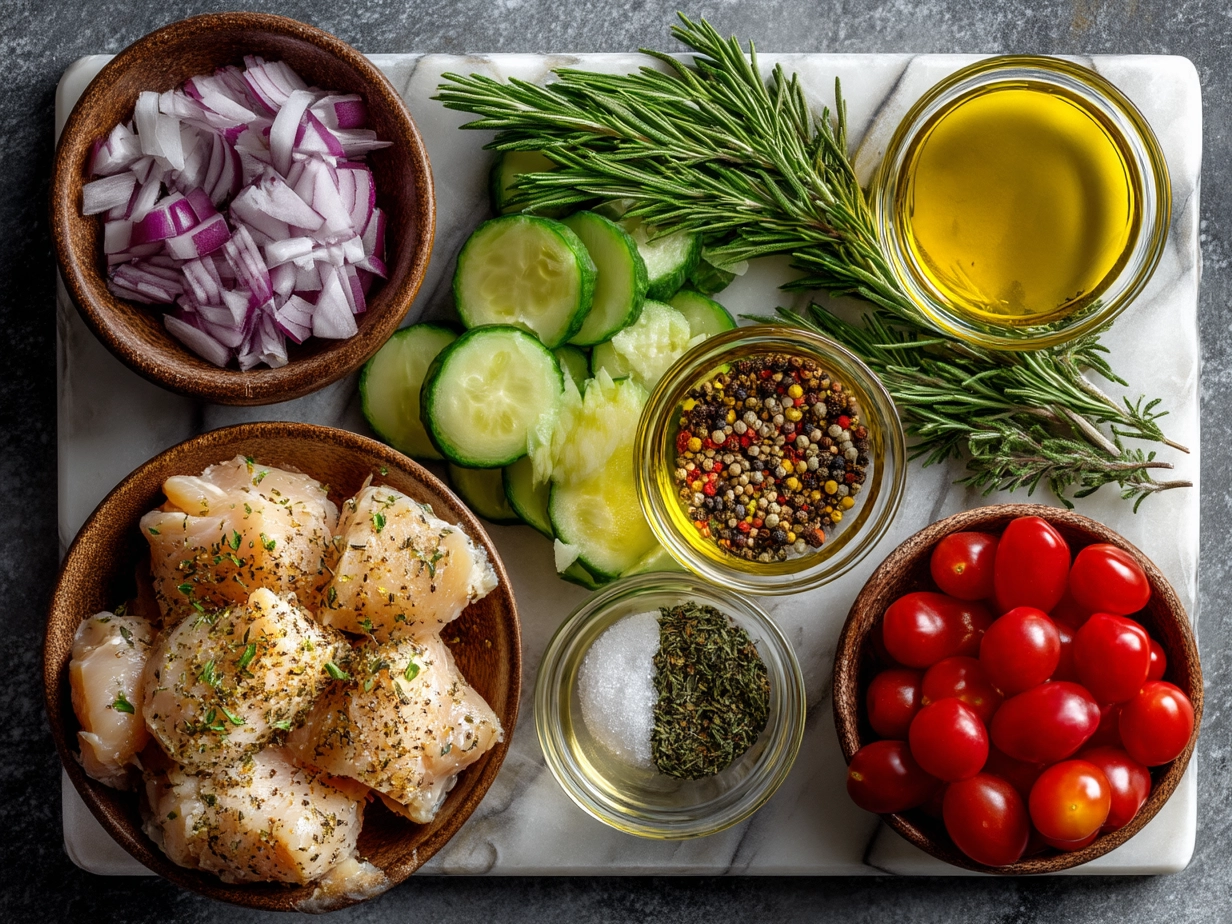 Ingredients laid out for grilled chicken kabobs including chicken, bell peppers, onions, and spices.