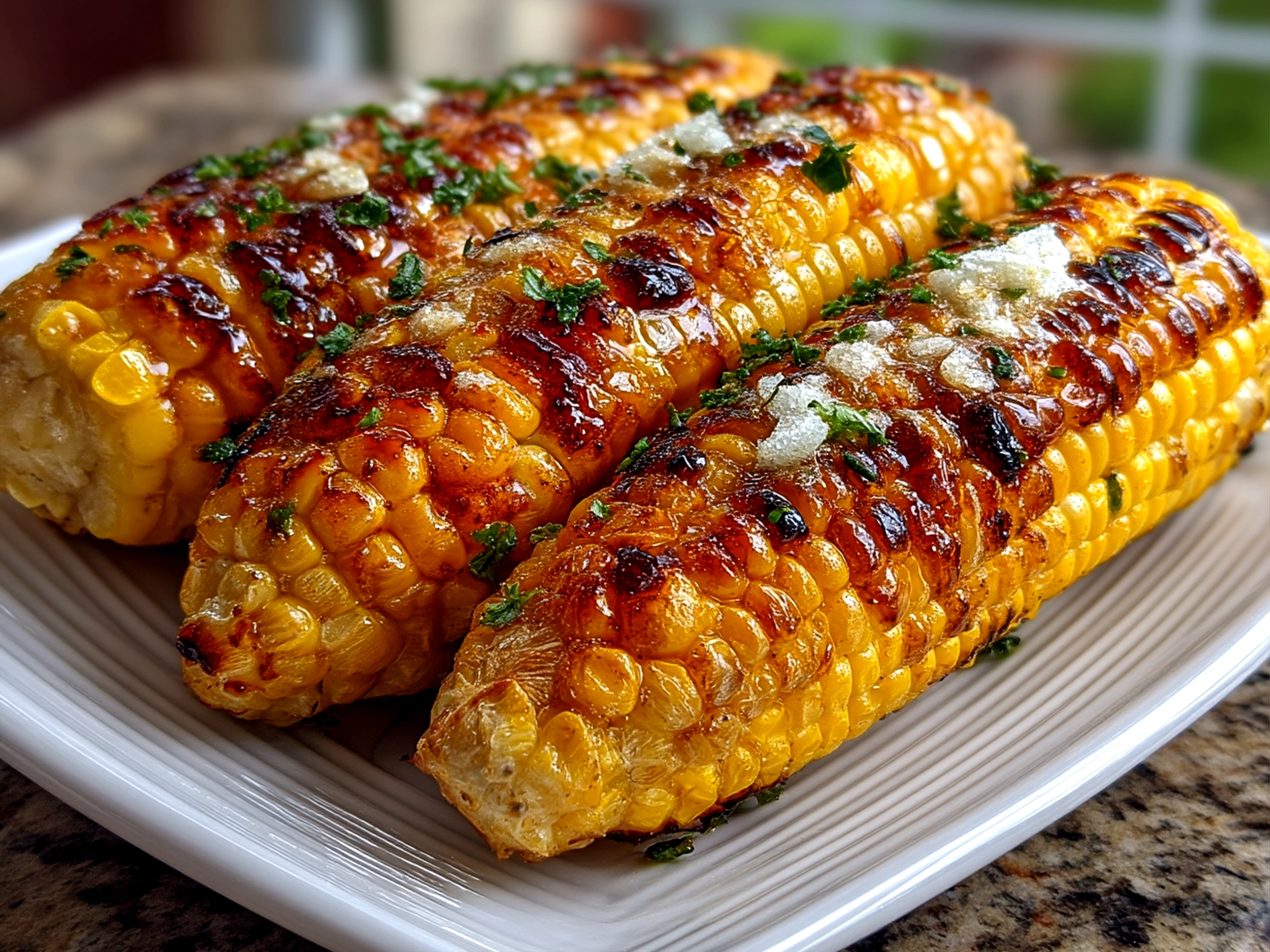 Served grilled corn on the cob wrapped in foil on a rustic board with herbs and lime wedges
