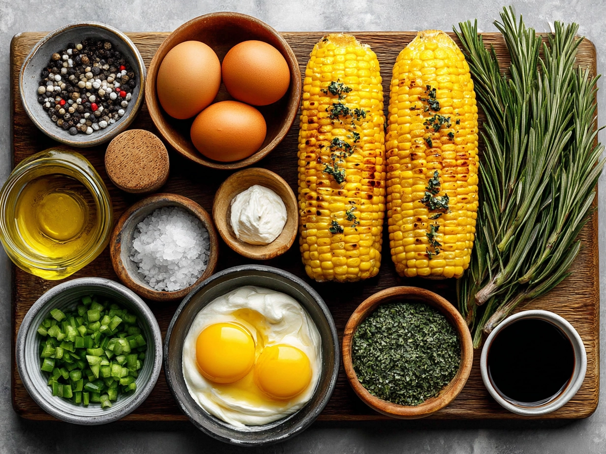 Ingredients for grilled corn on the cob in foil including corn, butter, salt, herbs, and spices