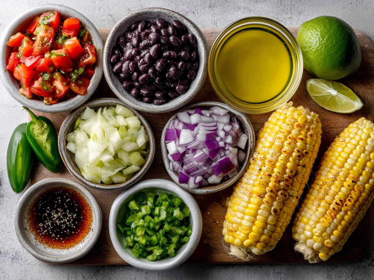 Ingredients for Grilled Corn Salsa including corn, jalapeño, tomatoes, red onion, cilantro, and lime