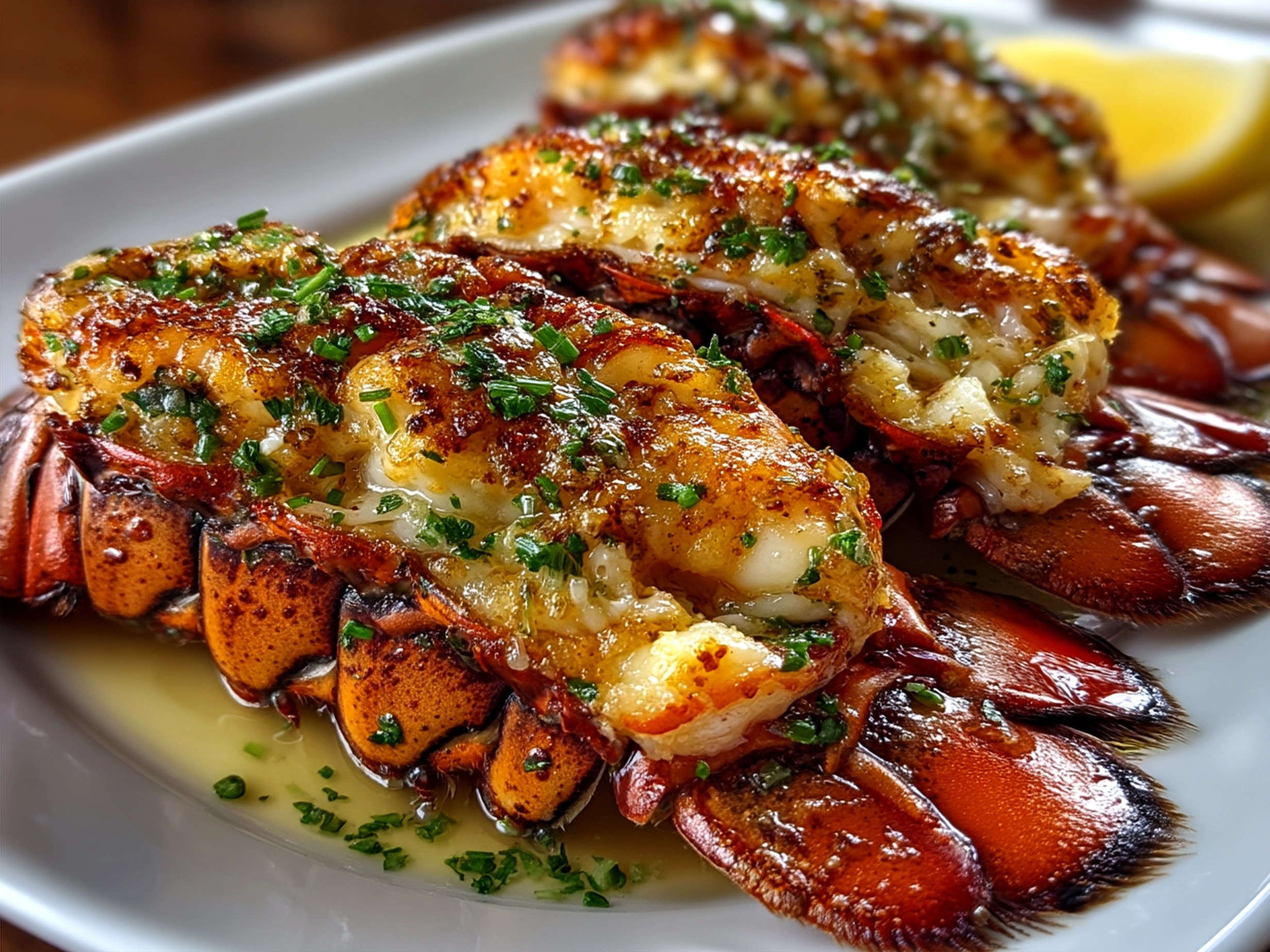 Served Grilled Lemon Butter Lobster Tails ready to eat