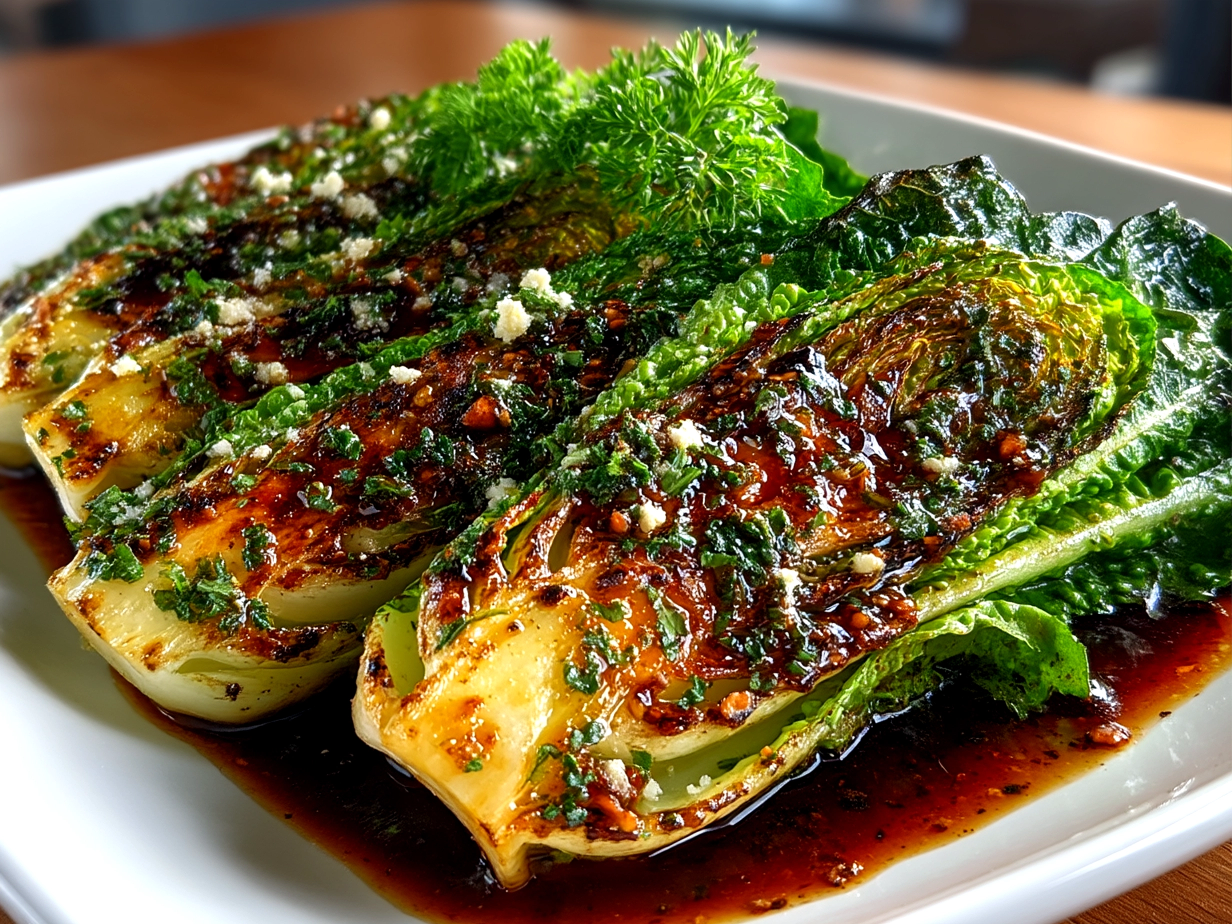 Grilled romaine salad plated beautifully with cheese, nuts, and herbs