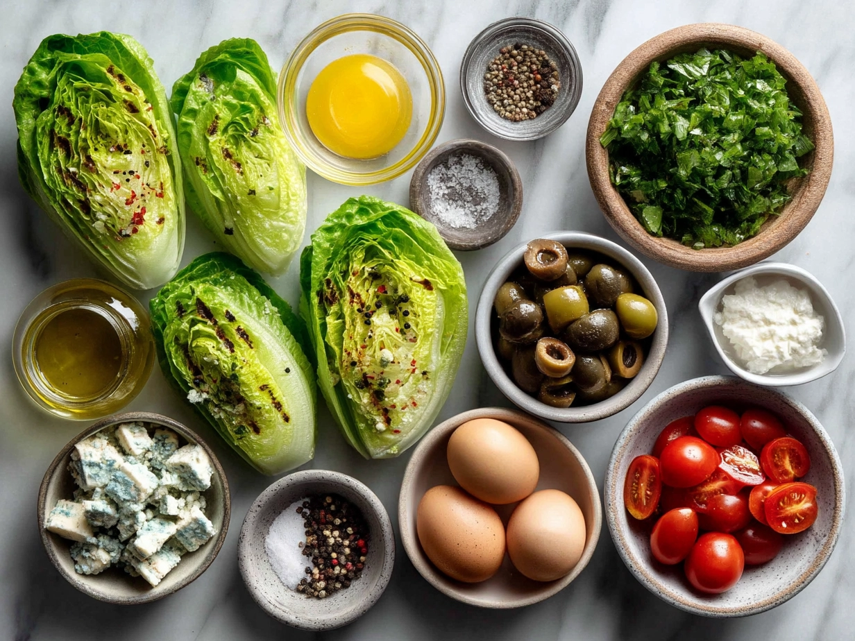 Ingredients for grilled romaine salad including romaine lettuce, olive oil, lemon juice, mustard, garlic, cheese, nuts, and herbs