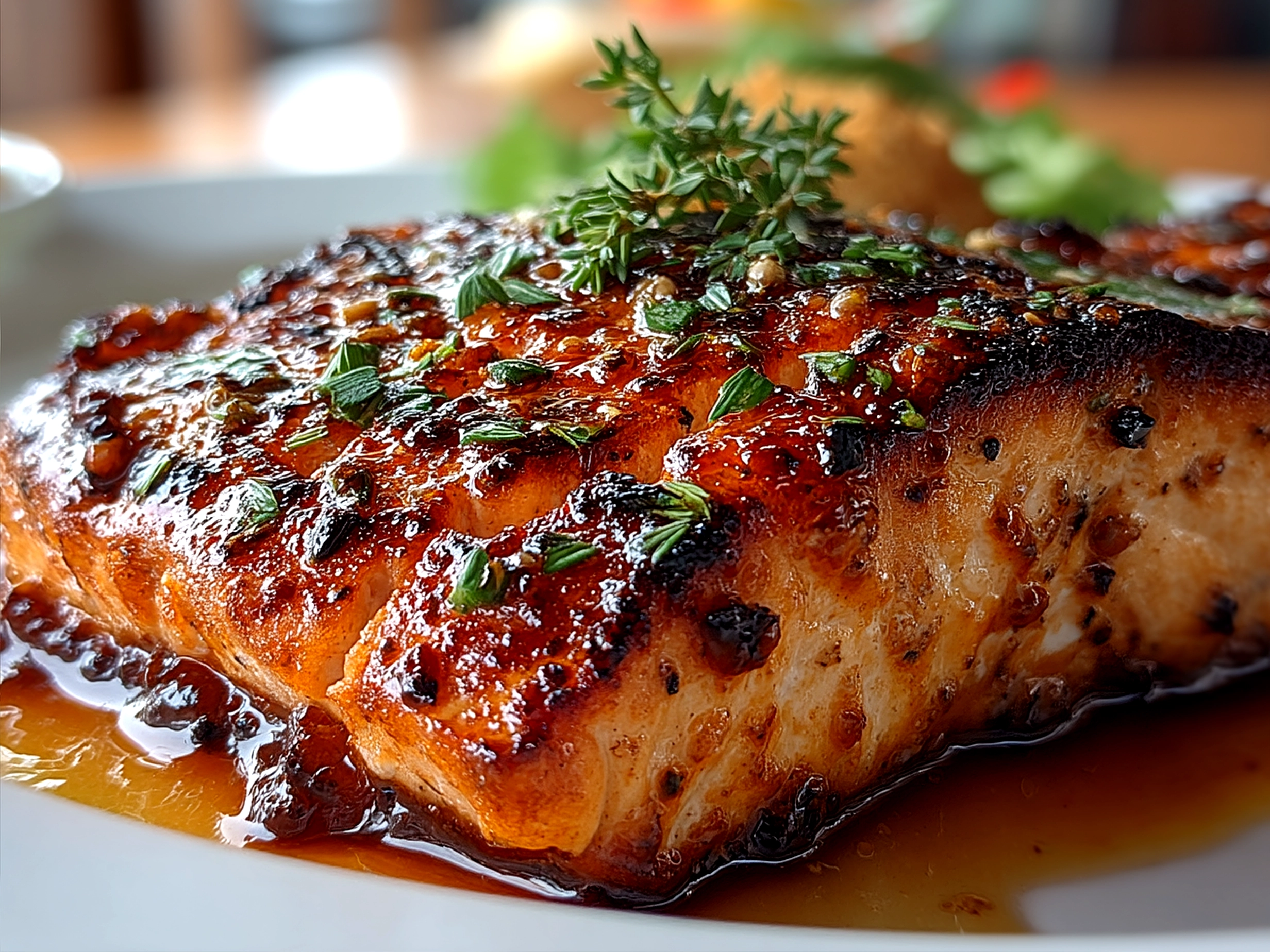 Beautifully plated grilled salmon with fresh herbs and sides