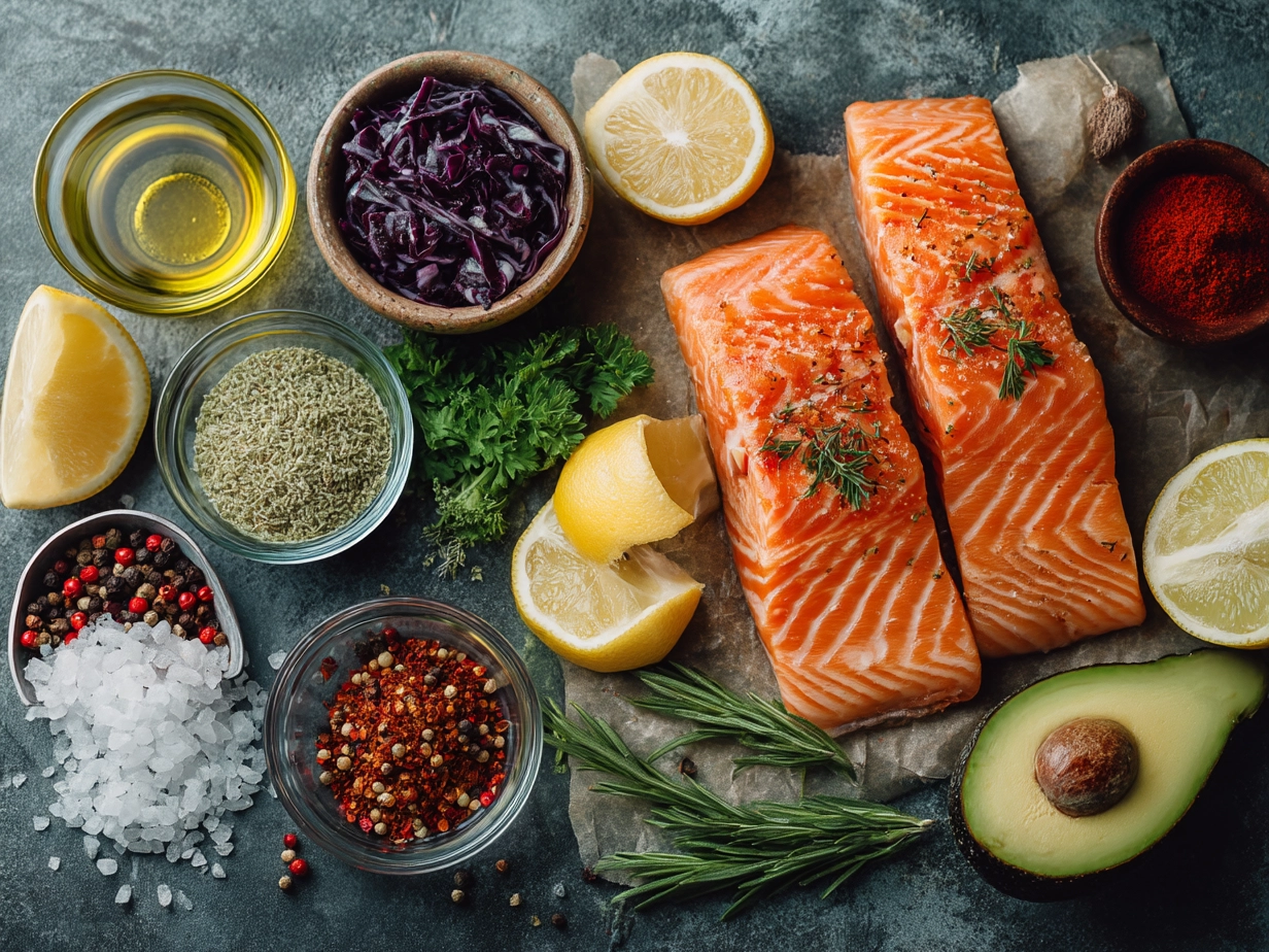 Ingredients for grilled salmon laid out