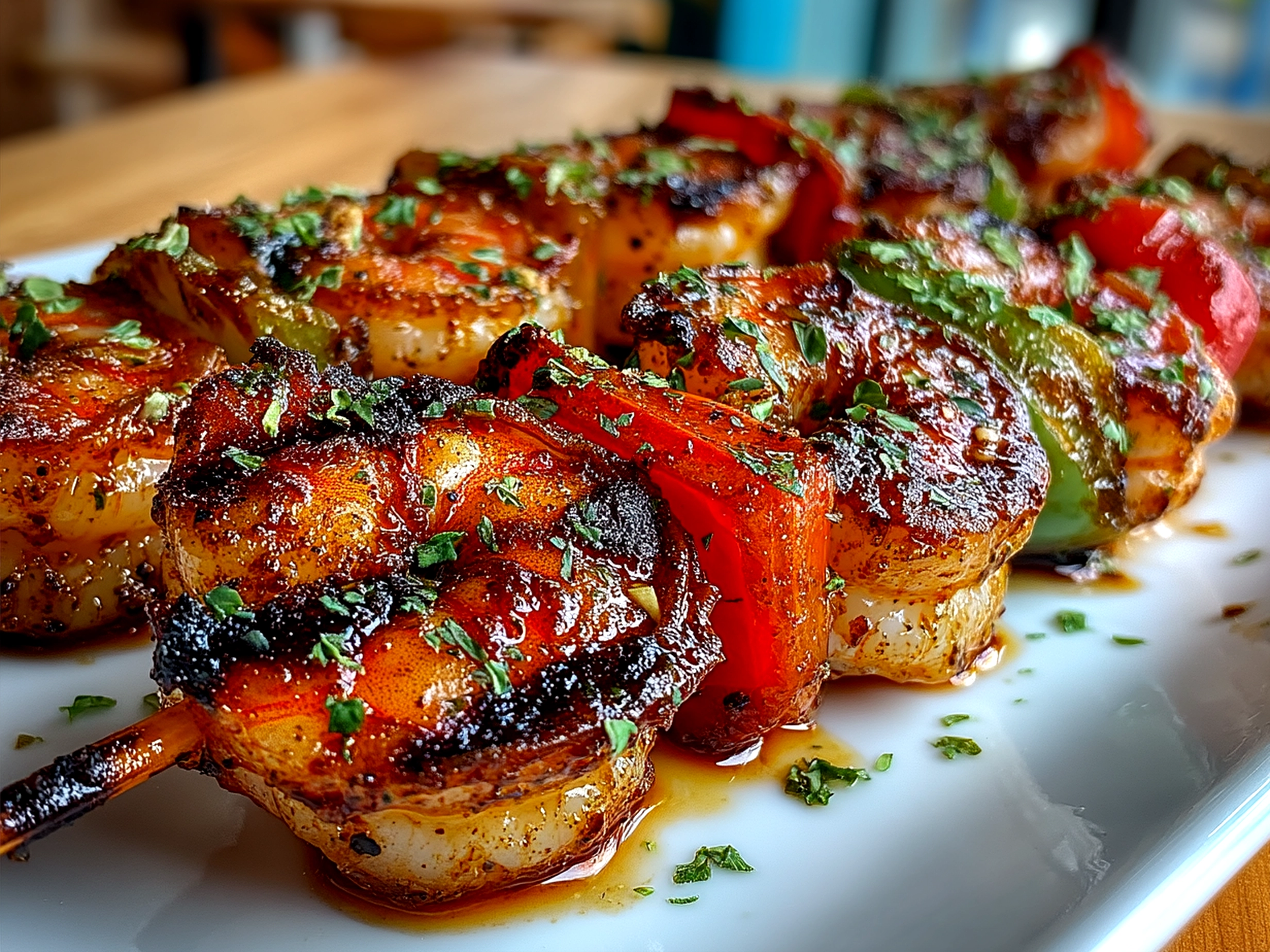 Beautifully served grilled shrimp kabobs arranged on a platter with lemon wedges and parsley garnish